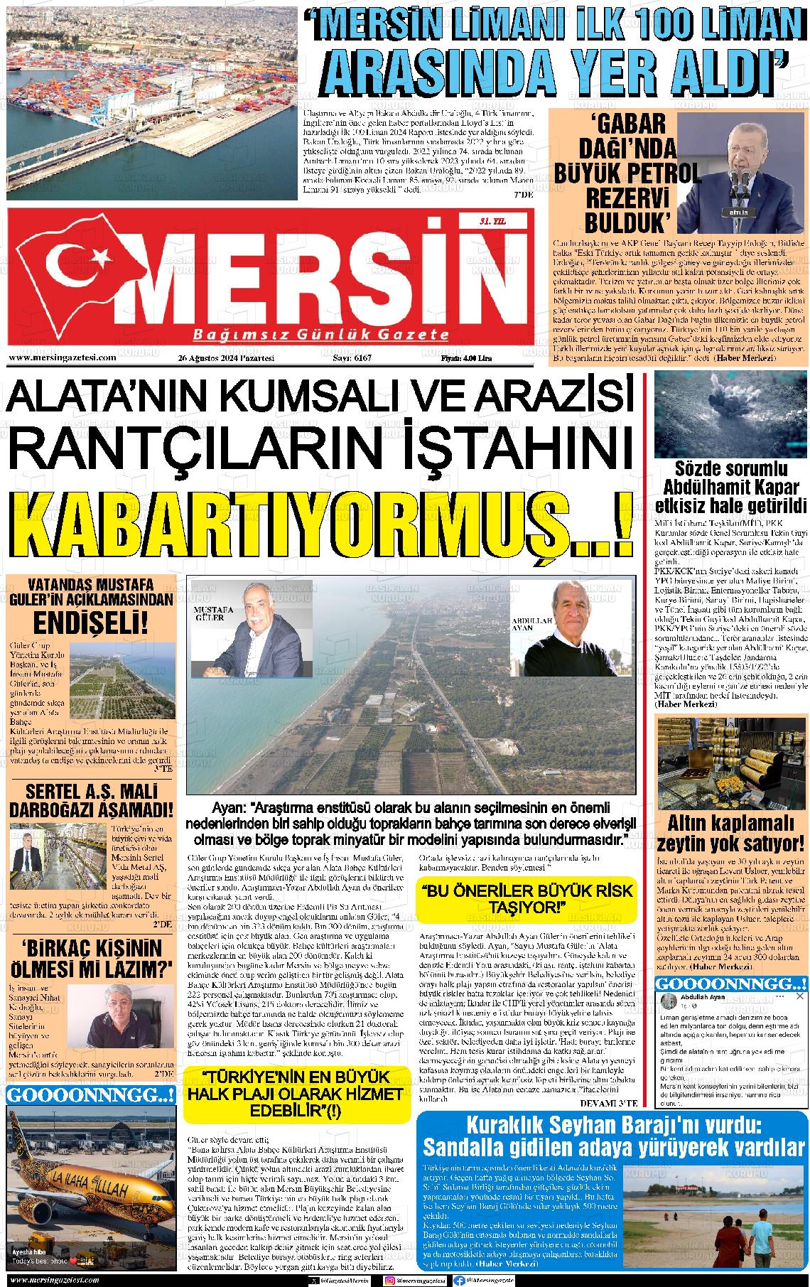 26 Ağustos 2024 Mersin Gazete Manşeti