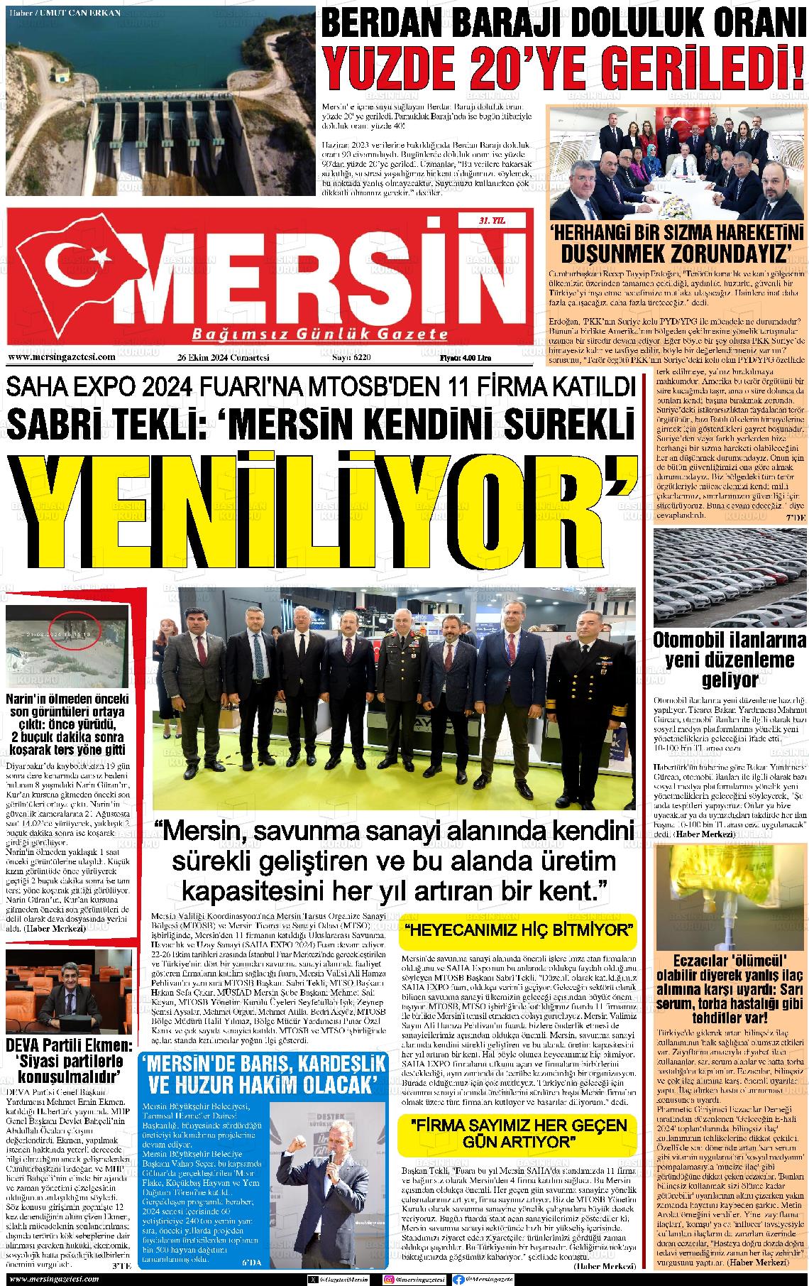 26 Ekim 2024 Mersin Gazete Manşeti