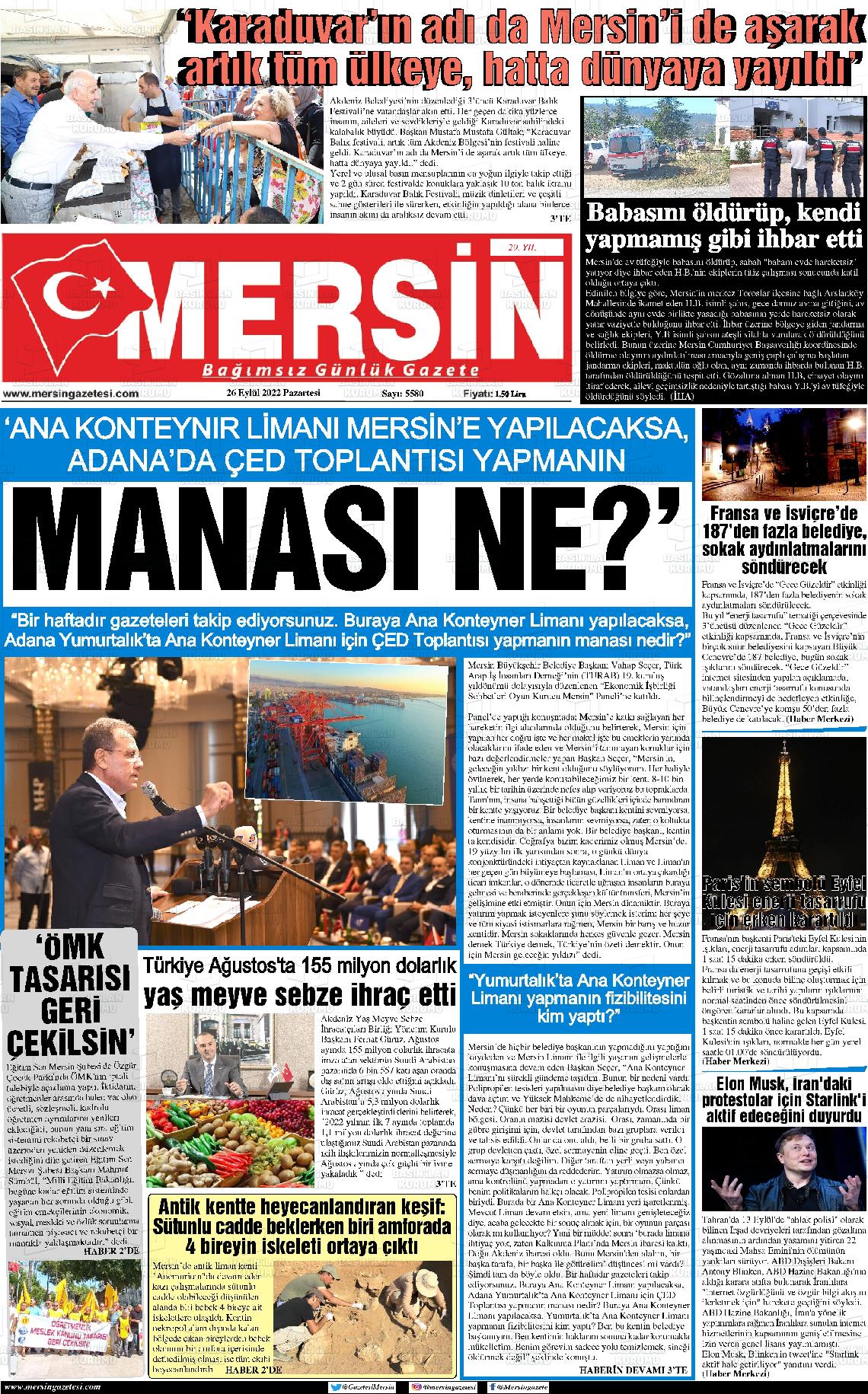 26 Eylül 2022 Mersin Gazete Manşeti