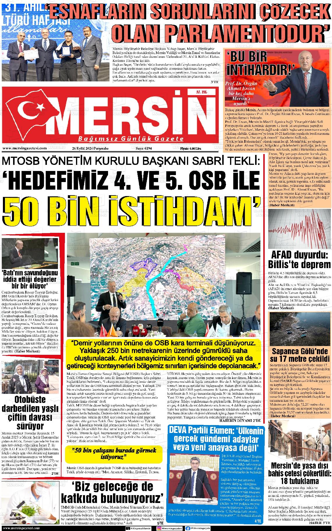 26 Eylül 2024 Mersin Gazete Manşeti