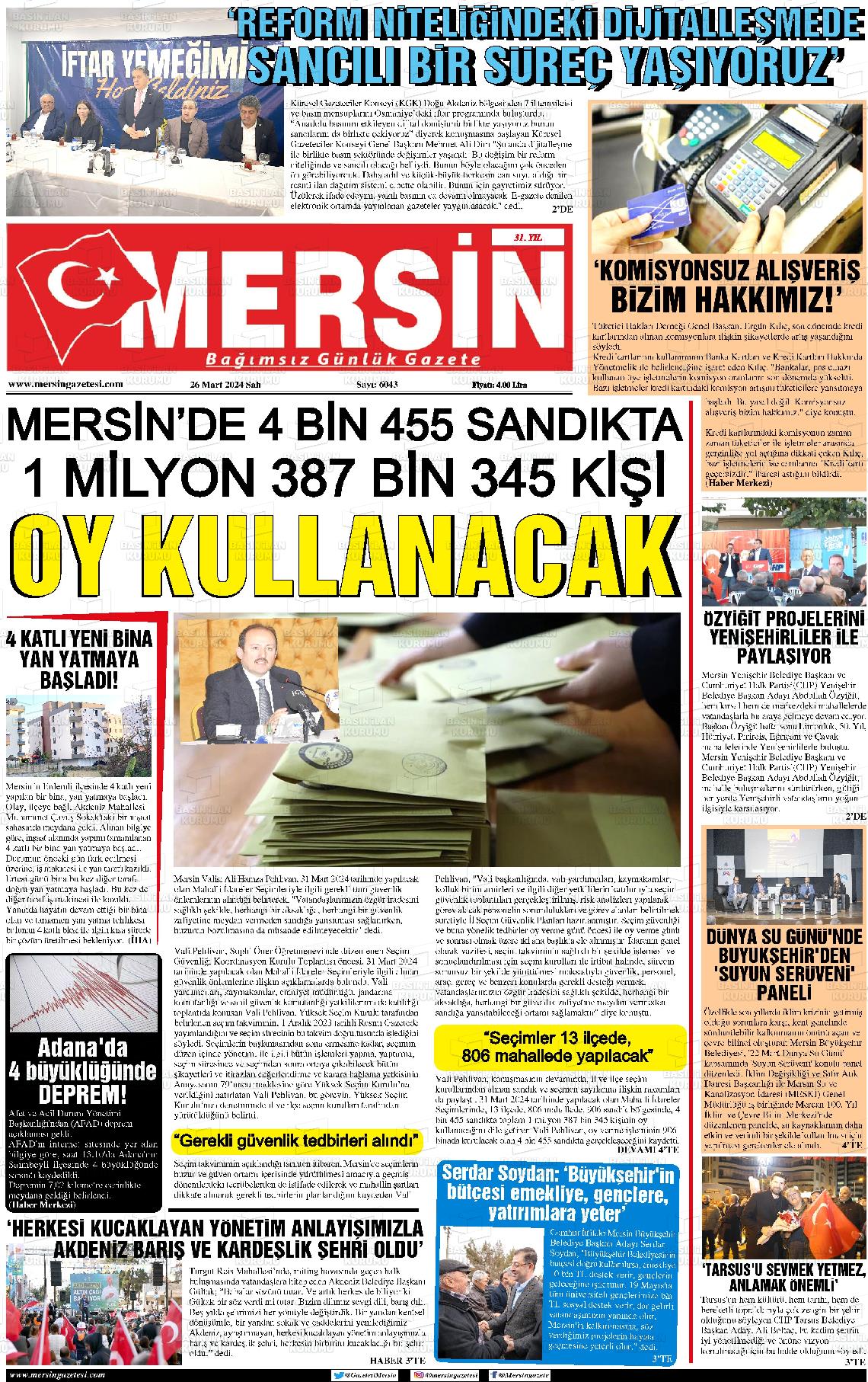 26 Mart 2024 Mersin Gazete Manşeti