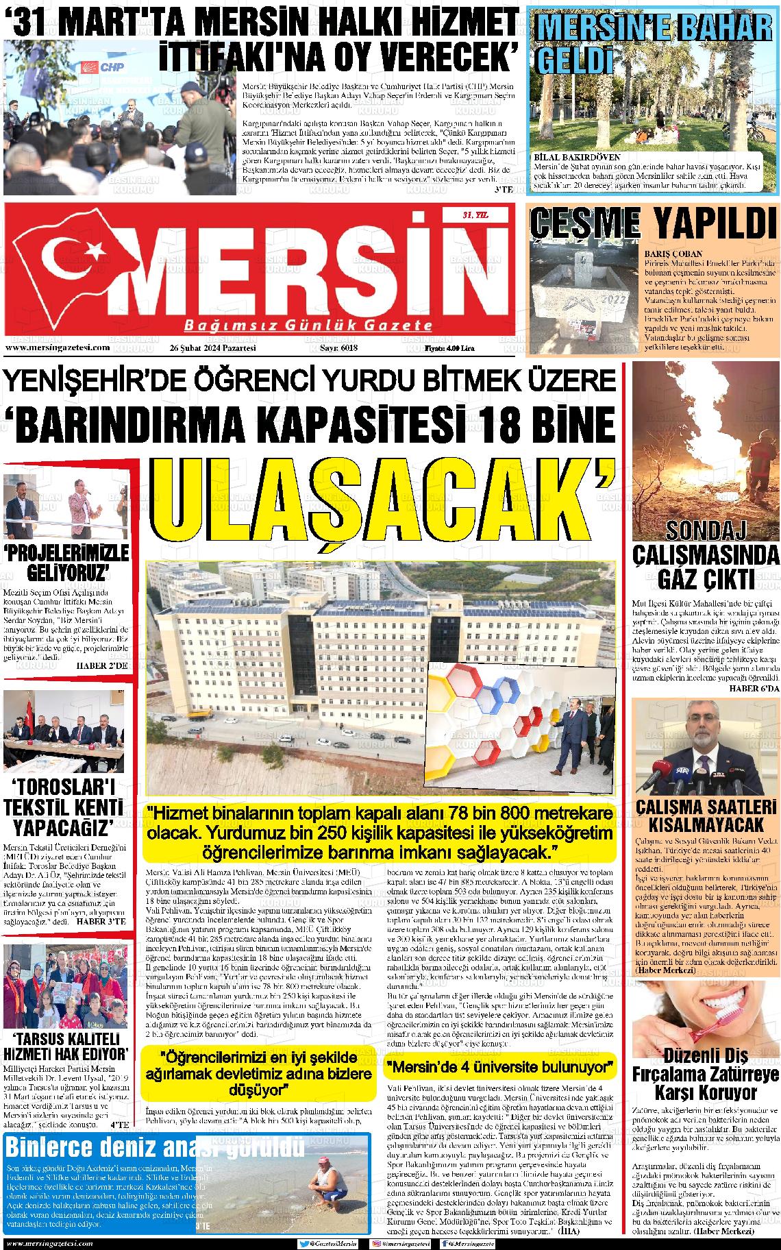 26 Şubat 2024 Mersin Gazete Manşeti