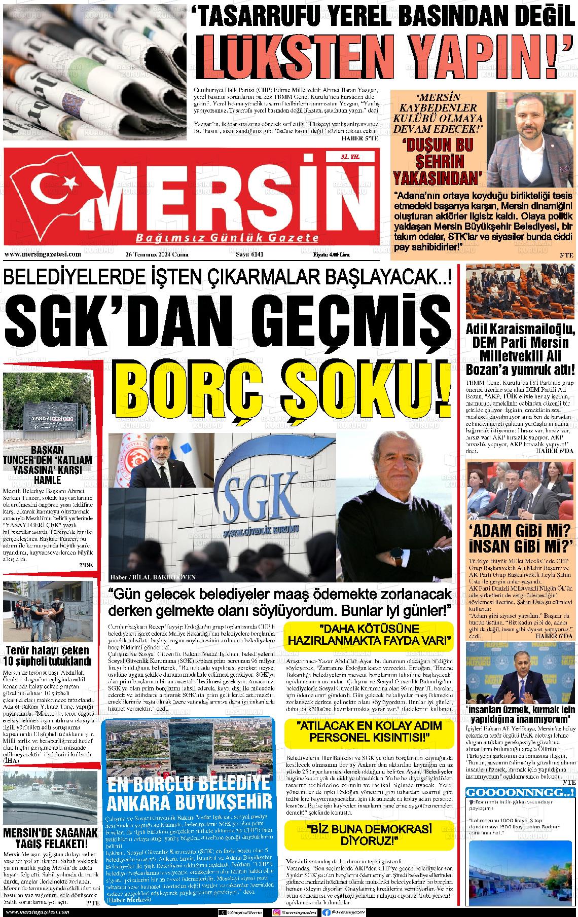 26 Temmuz 2024 Mersin Gazete Manşeti