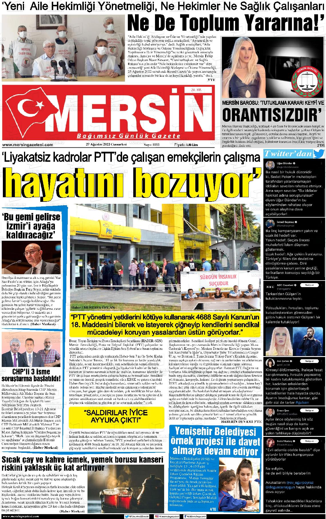 27 Ağustos 2022 Mersin Gazete Manşeti