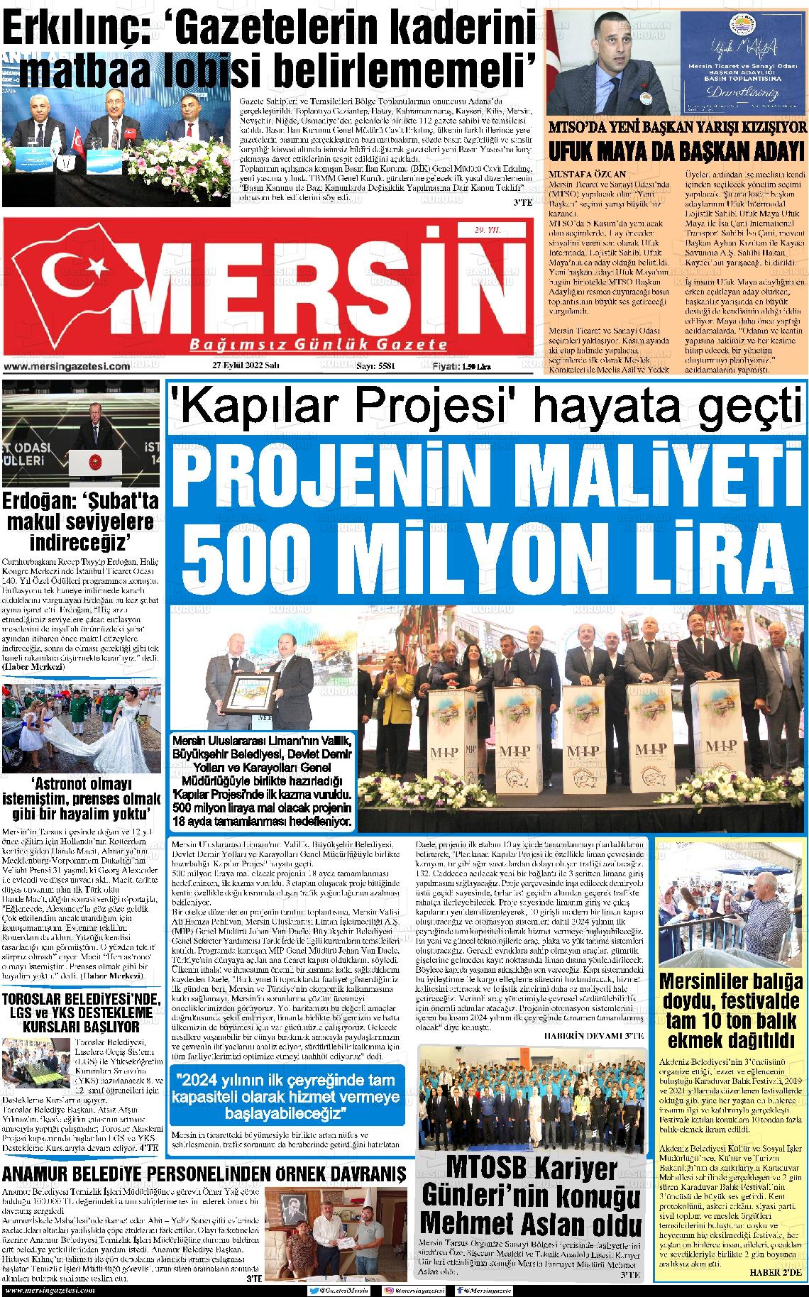 27 Eylül 2022 Mersin Gazete Manşeti