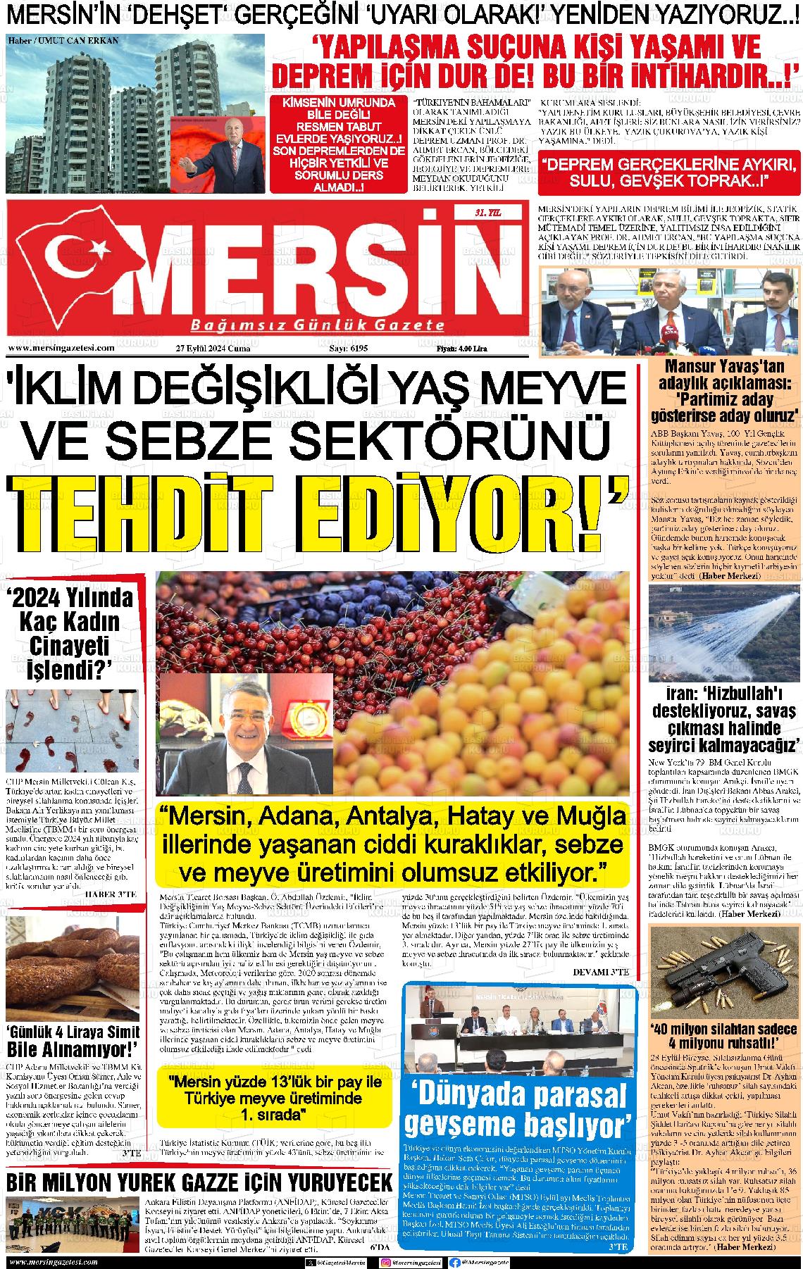 27 Eylül 2024 Mersin Gazete Manşeti