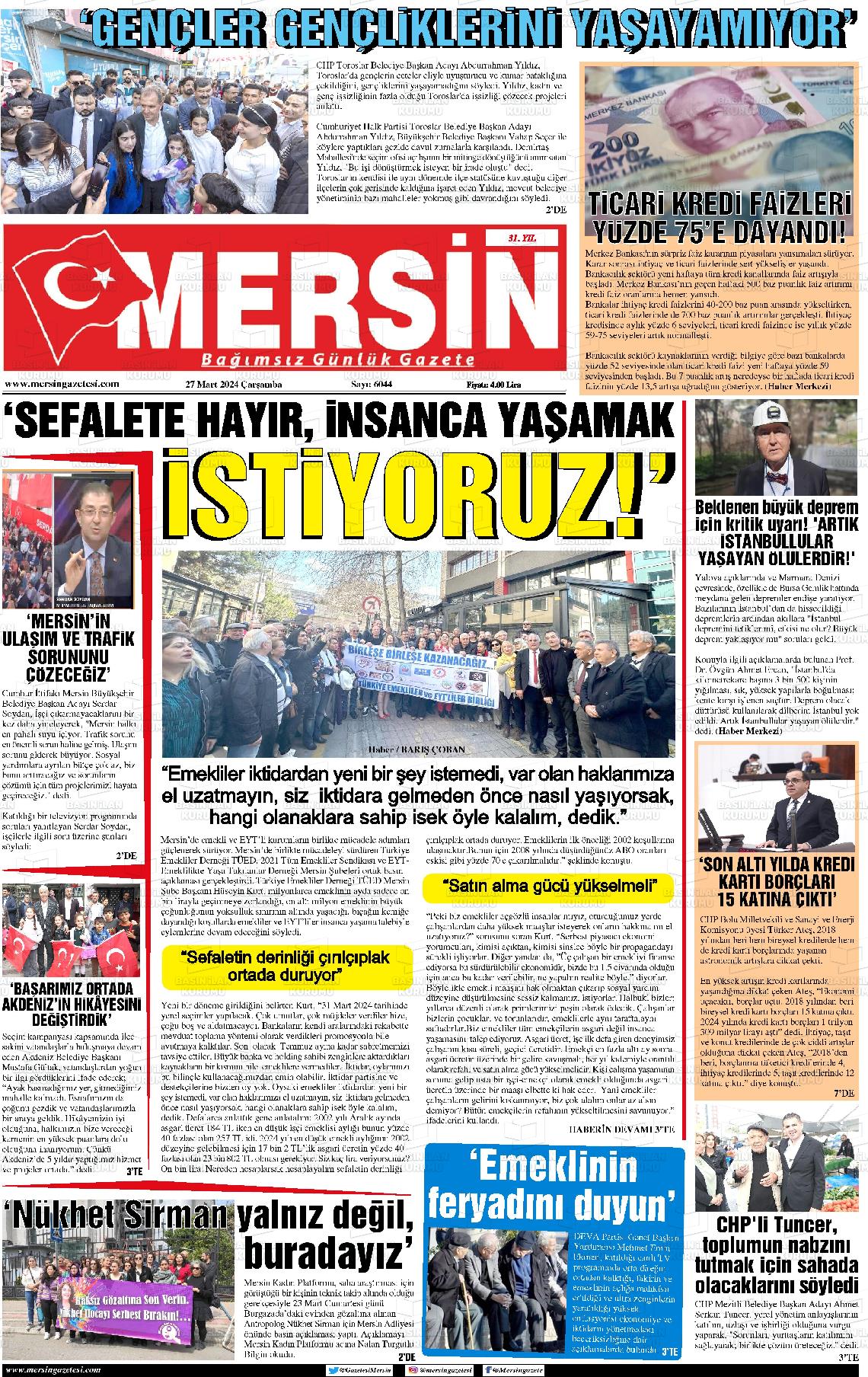 27 Mart 2024 Mersin Gazete Manşeti