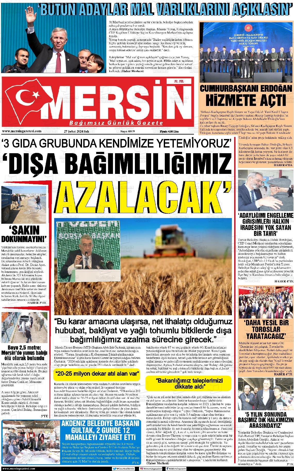 27 Şubat 2024 Mersin Gazete Manşeti