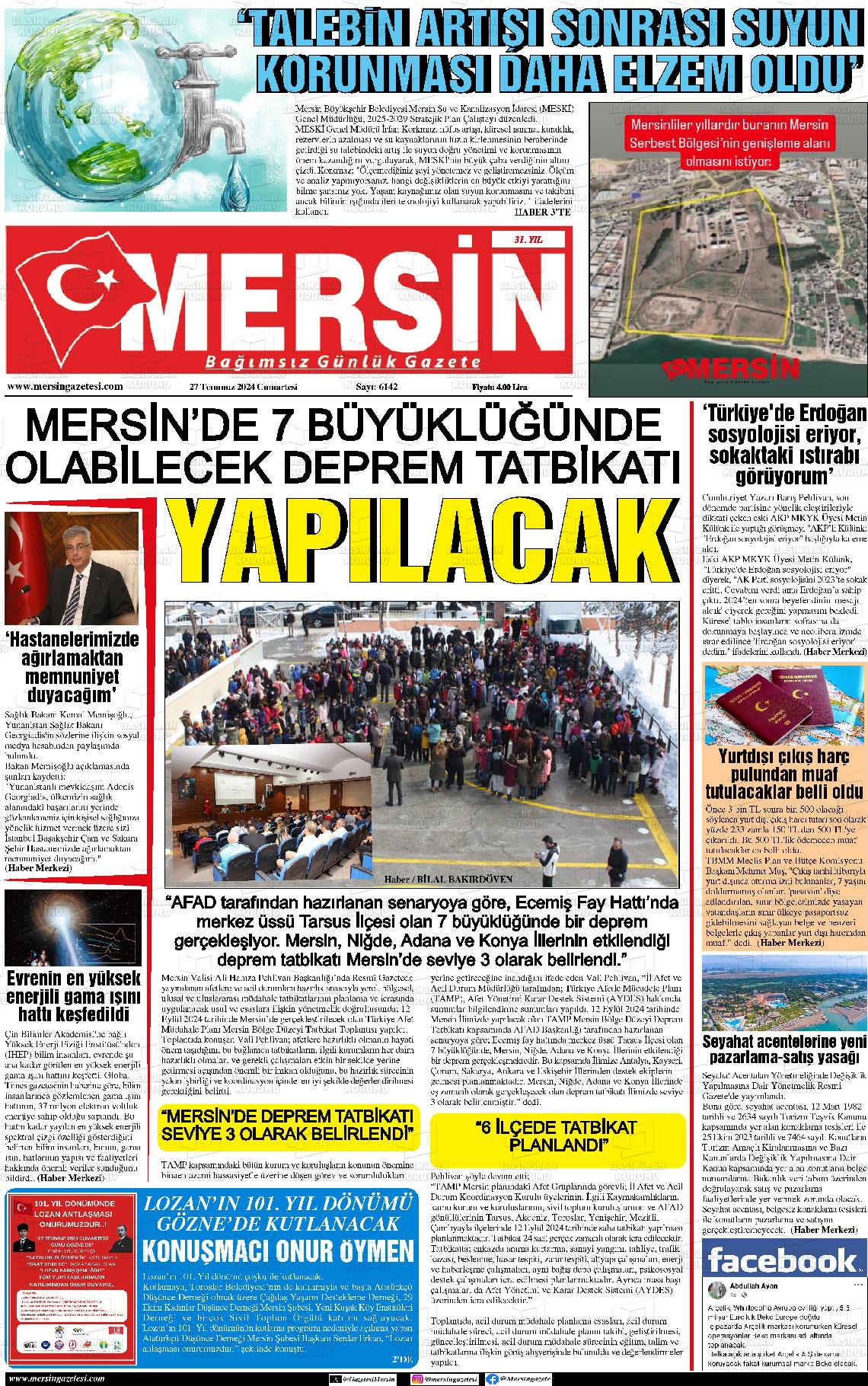 27 Temmuz 2024 Mersin Gazete Manşeti