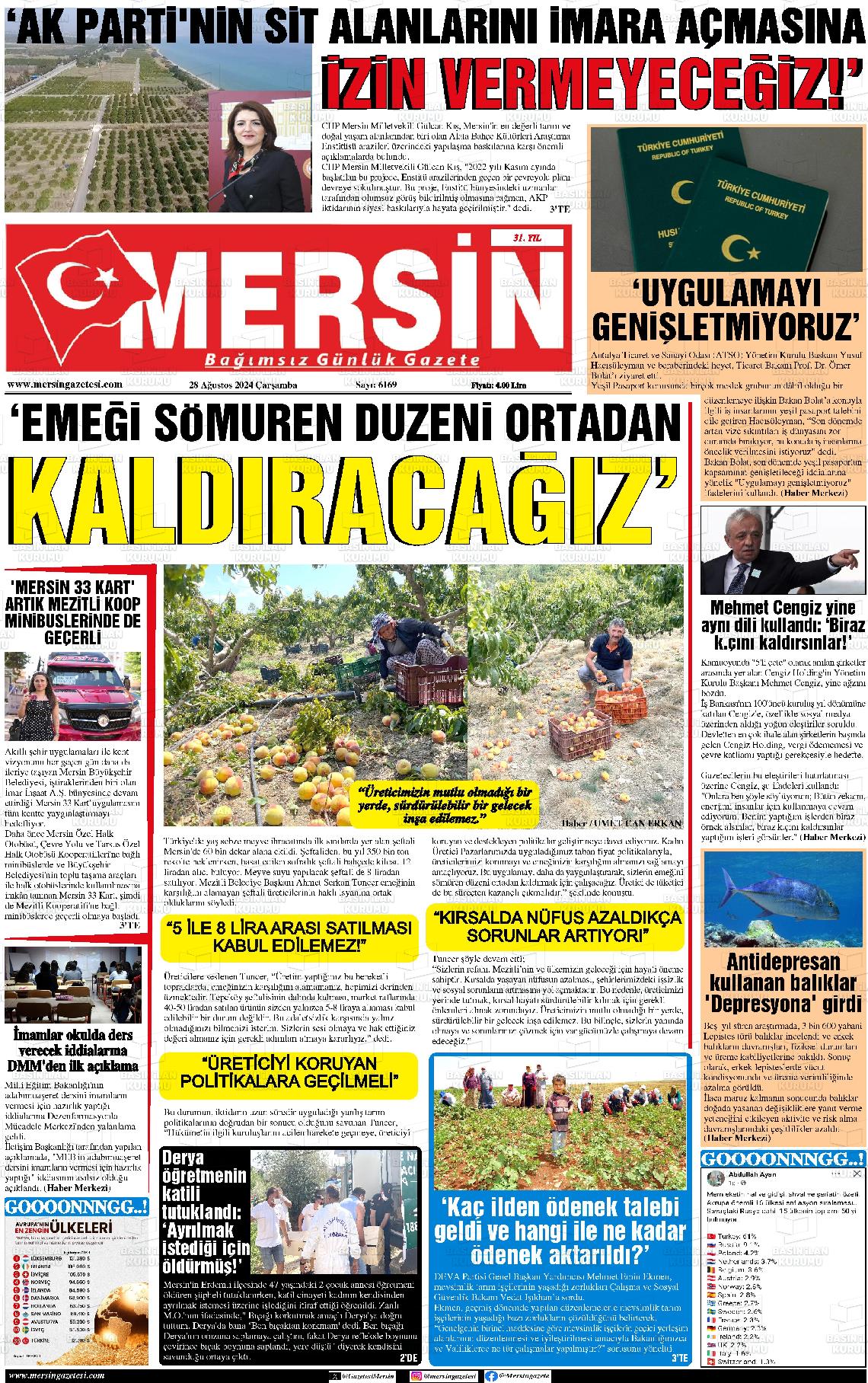 28 Ağustos 2024 Mersin Gazete Manşeti