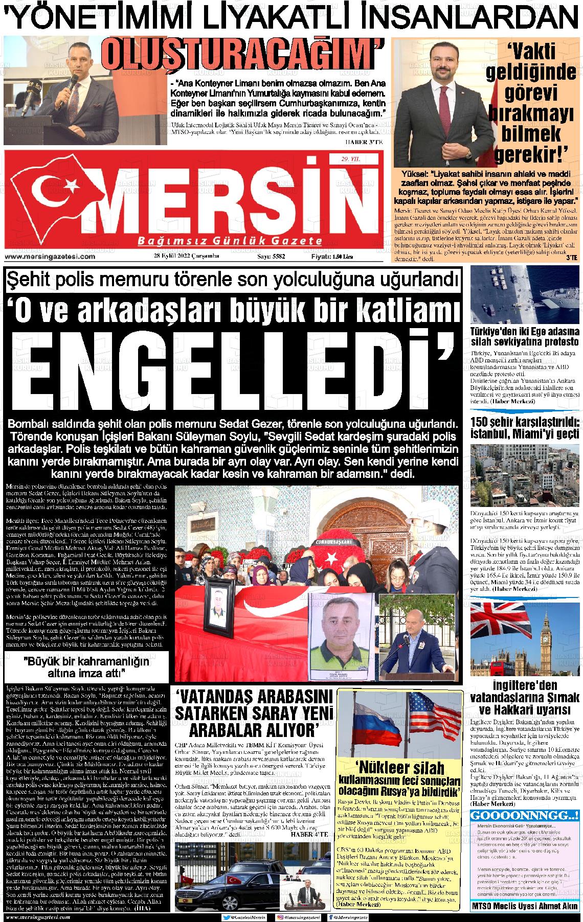 28 Eylül 2022 Mersin Gazete Manşeti