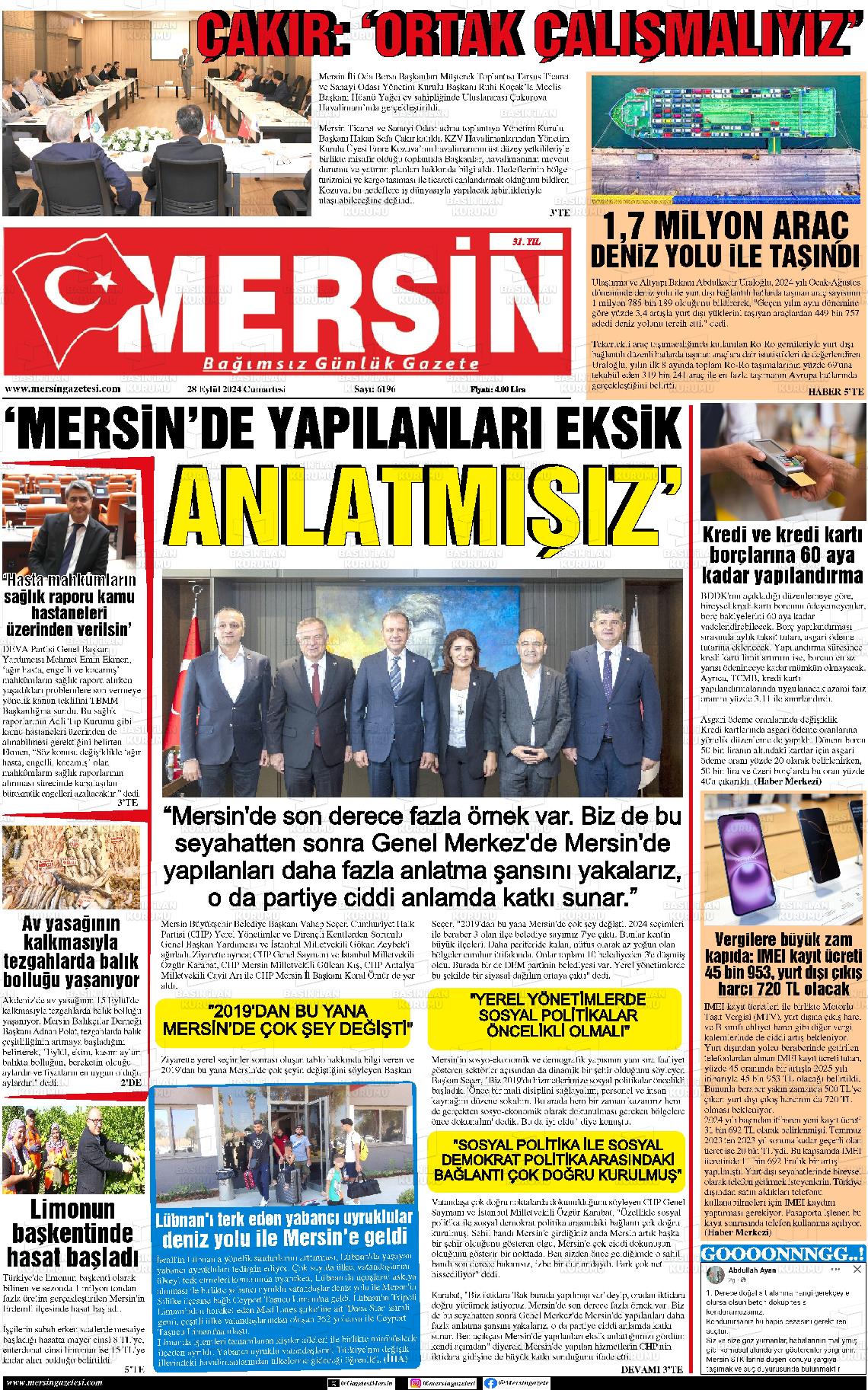 28 Eylül 2024 Mersin Gazete Manşeti