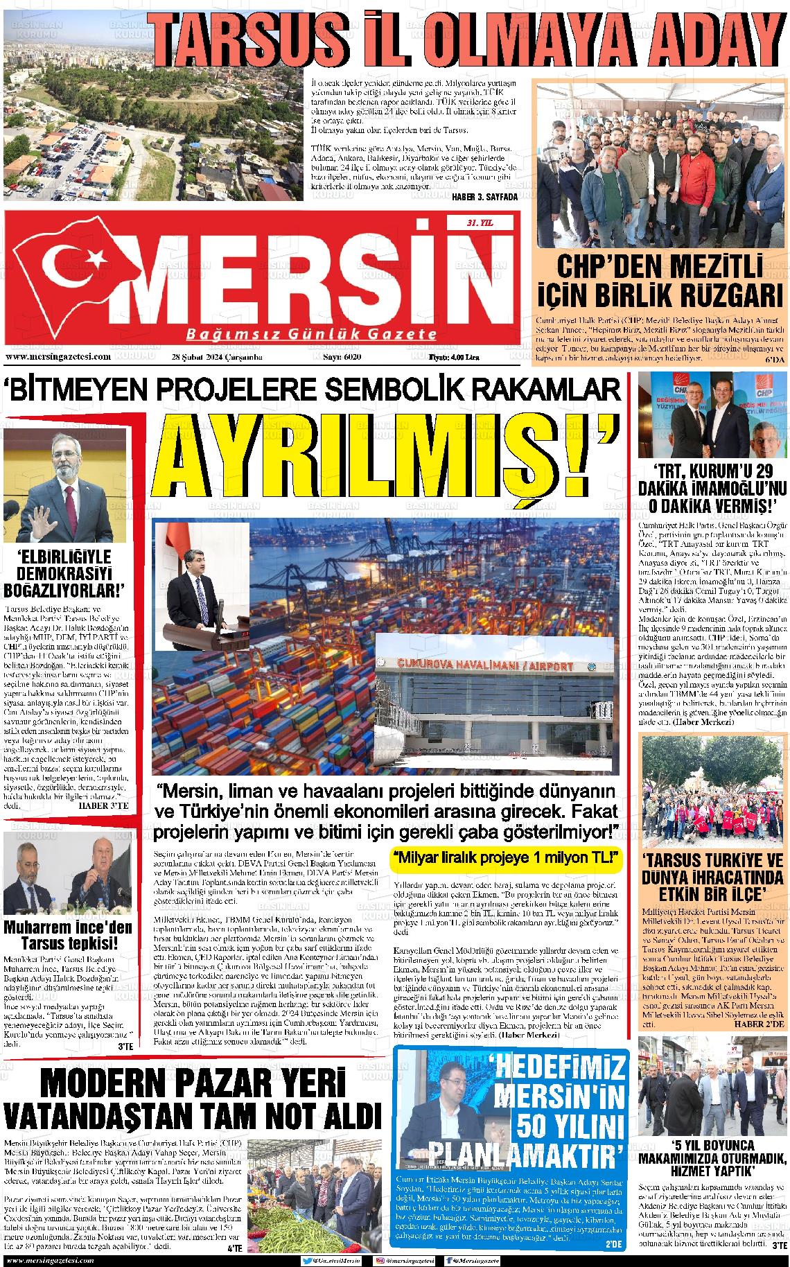 28 Şubat 2024 Mersin Gazete Manşeti