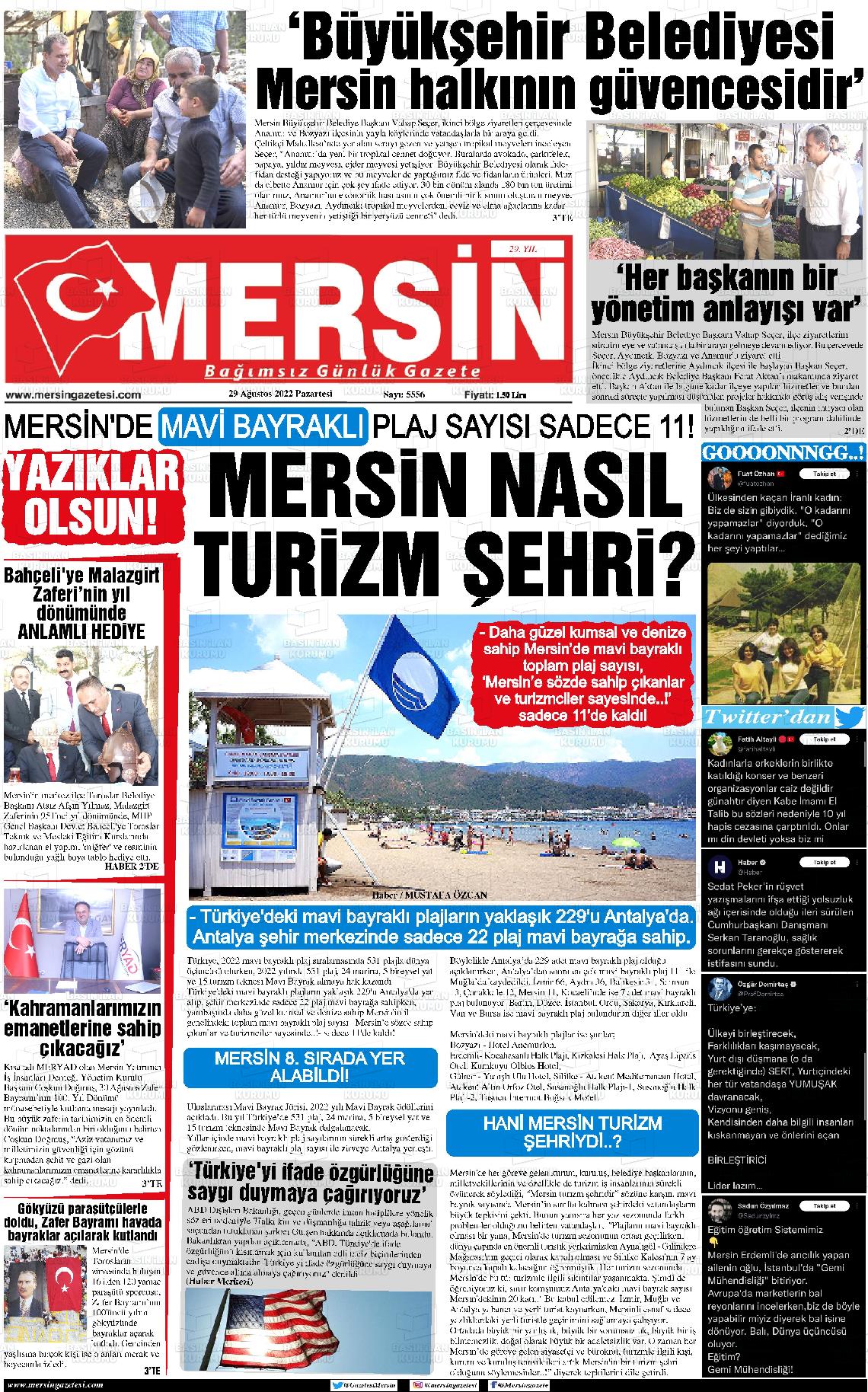 29 Ağustos 2022 Mersin Gazete Manşeti