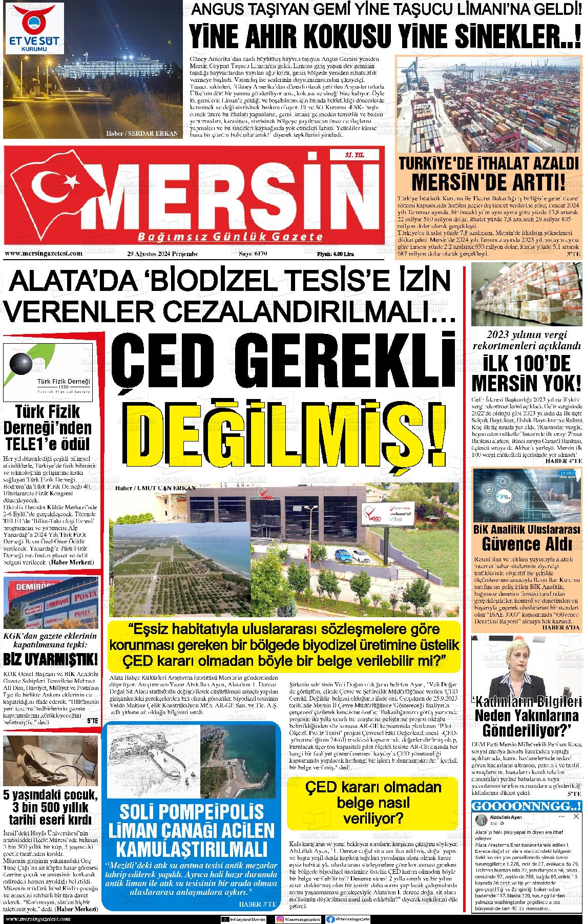 29 Ağustos 2024 Mersin Gazete Manşeti