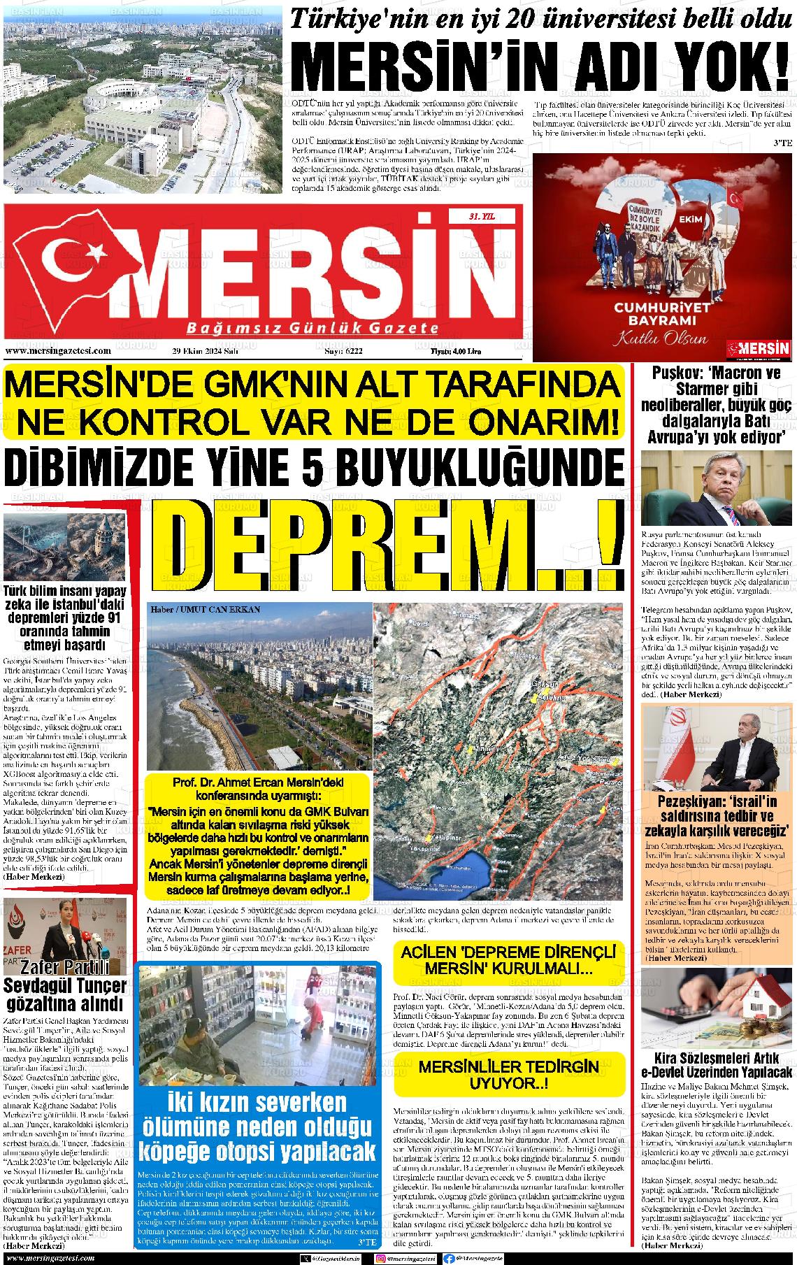 29 Ekim 2024 Mersin Gazete Manşeti