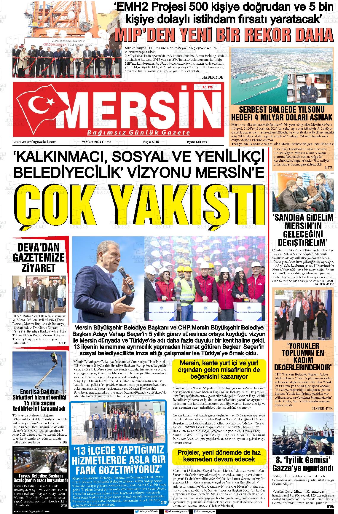 29 Mart 2024 Mersin Gazete Manşeti