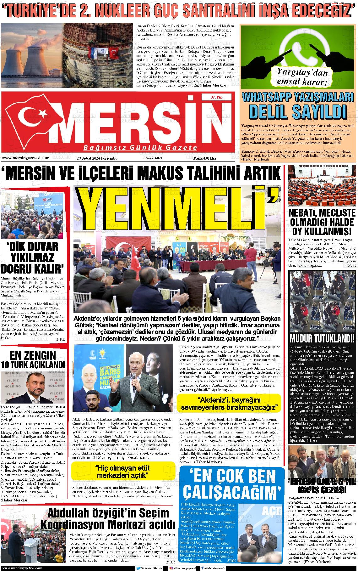 29 Şubat 2024 Mersin Gazete Manşeti