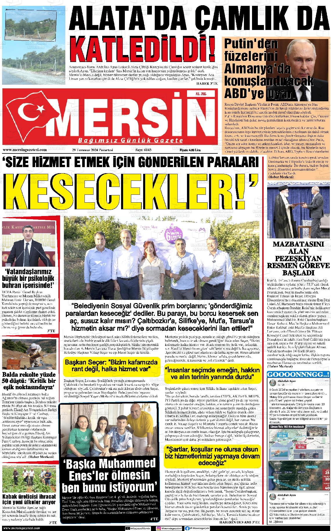 29 Temmuz 2024 Mersin Gazete Manşeti