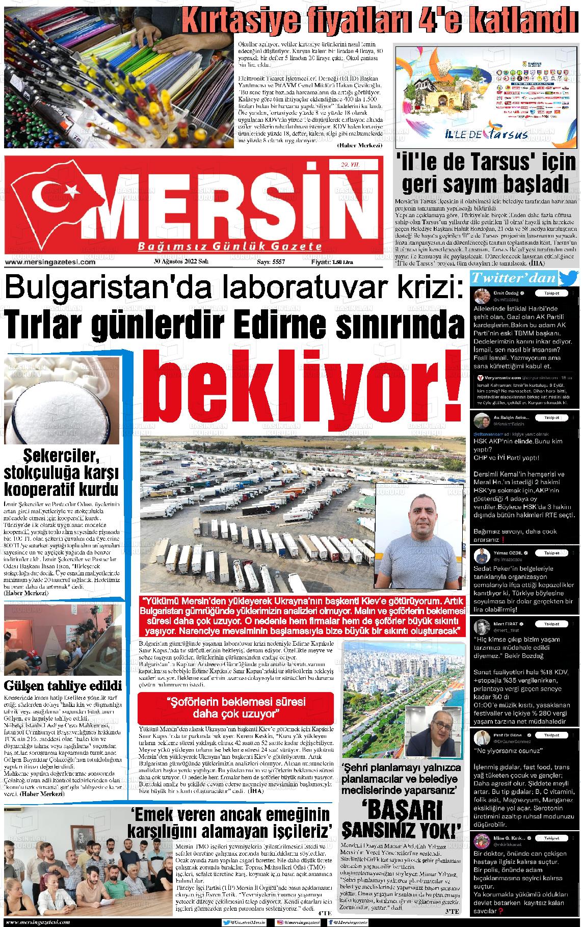 30 Ağustos 2022 Mersin Gazete Manşeti