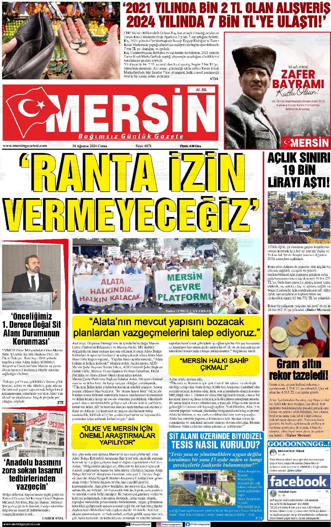 30 Ağustos 2024 Mersin Gazete Manşeti