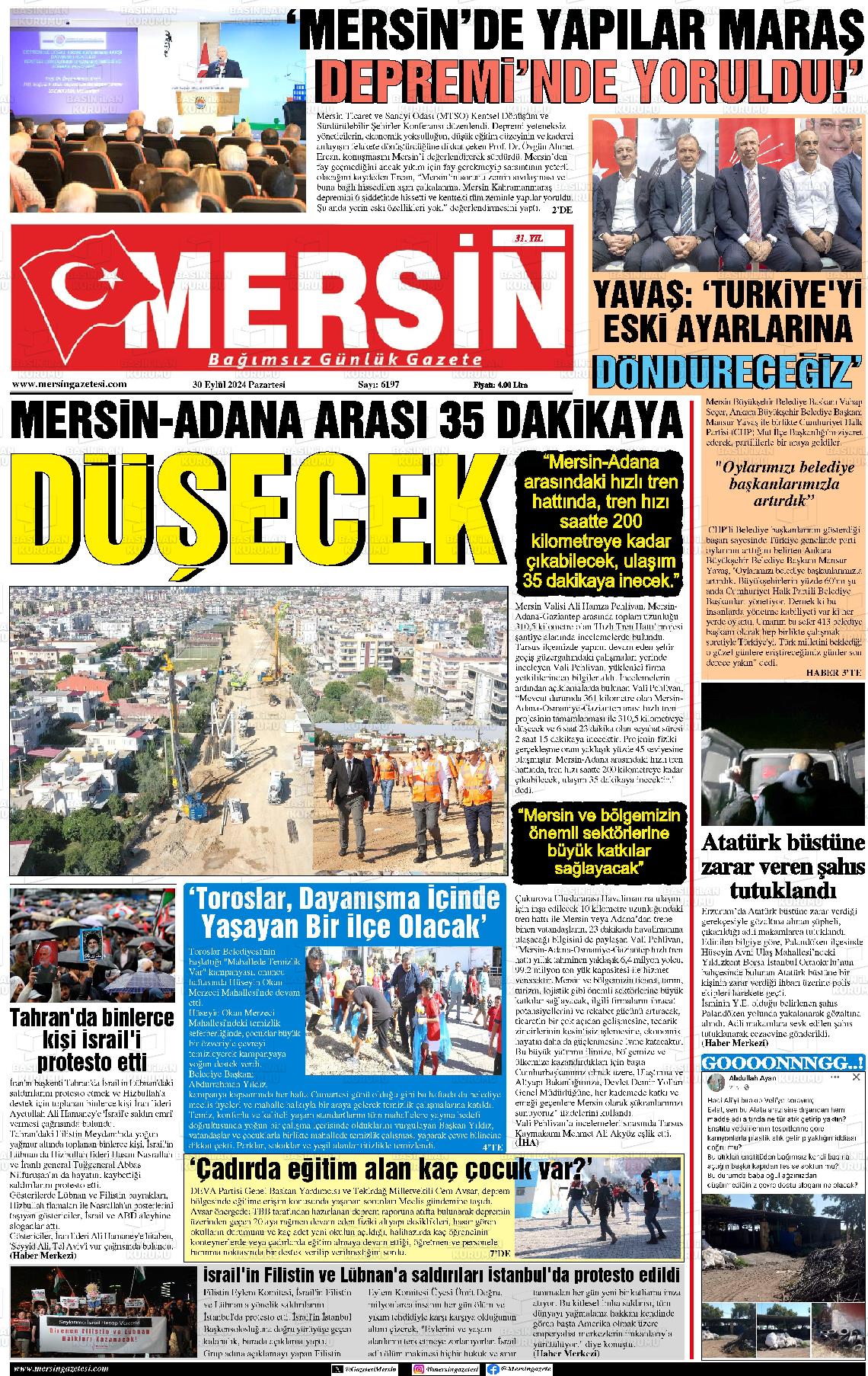 30 Eylül 2024 Mersin Gazete Manşeti