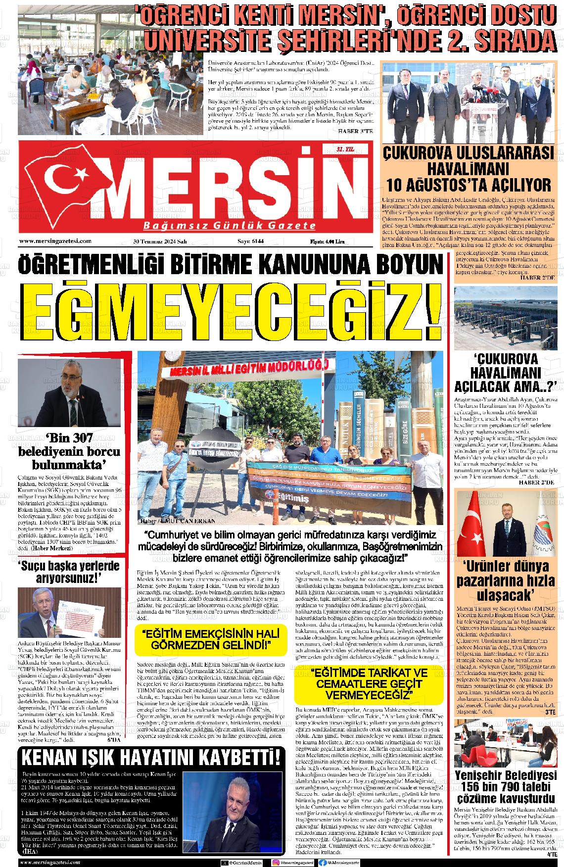 30 Temmuz 2024 Mersin Gazete Manşeti