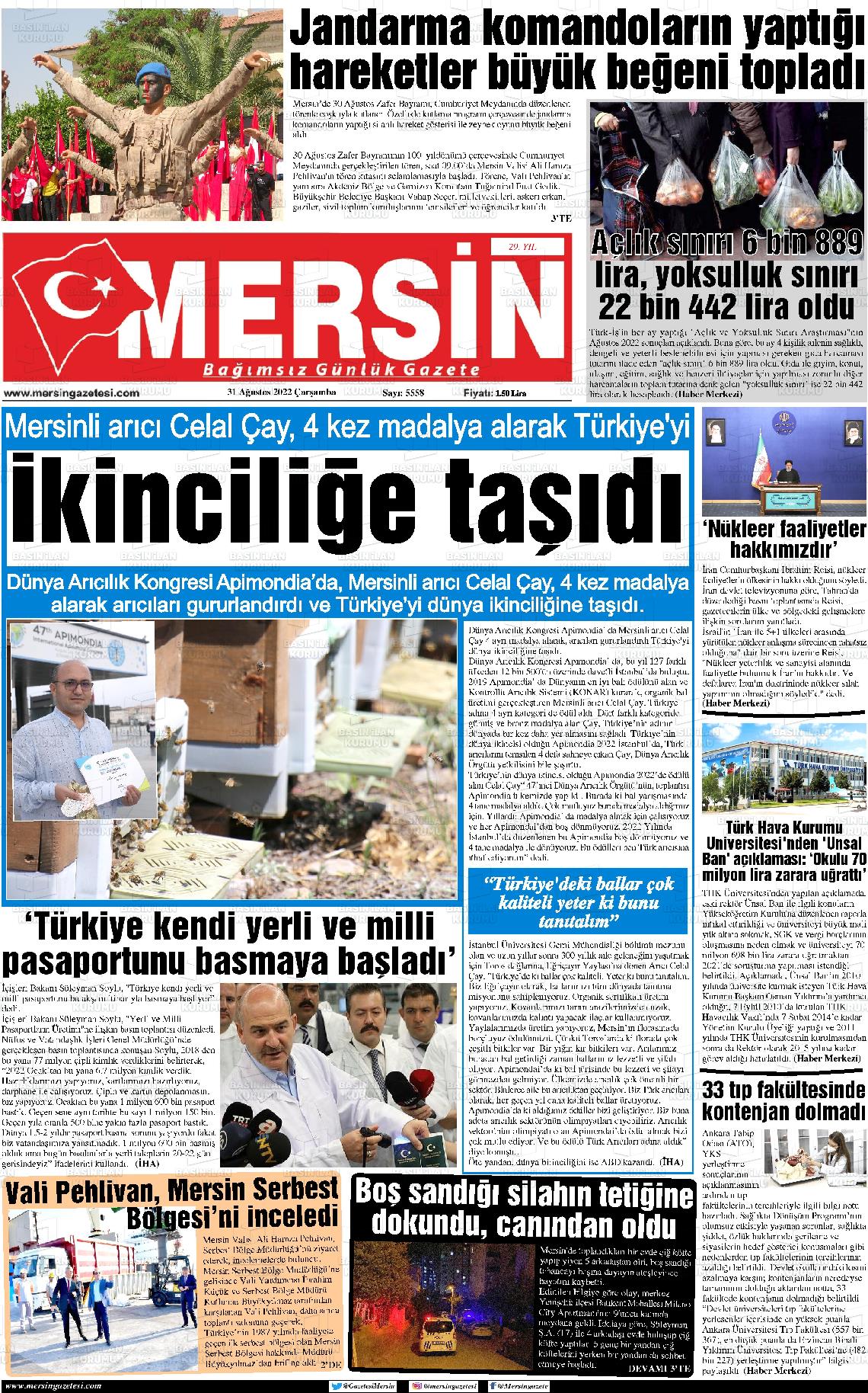 31 Ağustos 2022 Mersin Gazete Manşeti