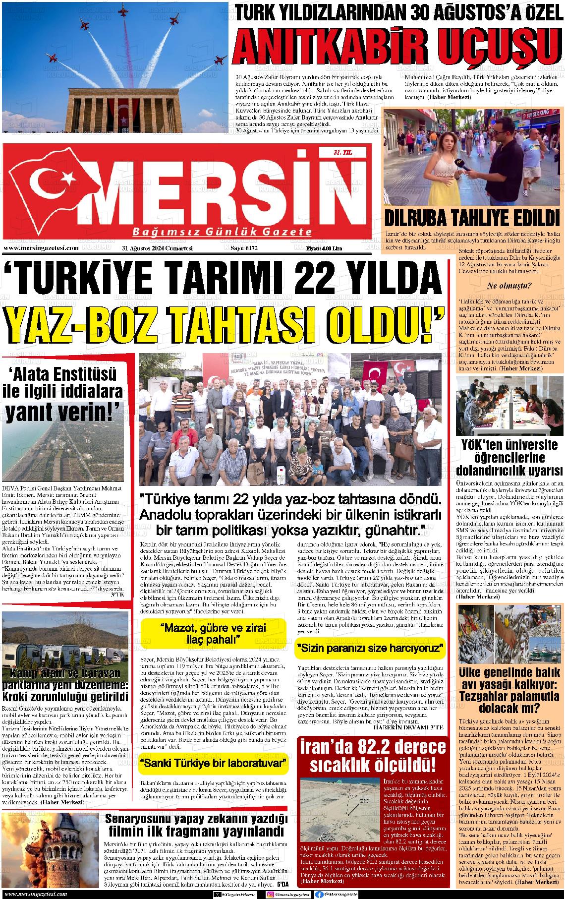 31 Ağustos 2024 Mersin Gazete Manşeti