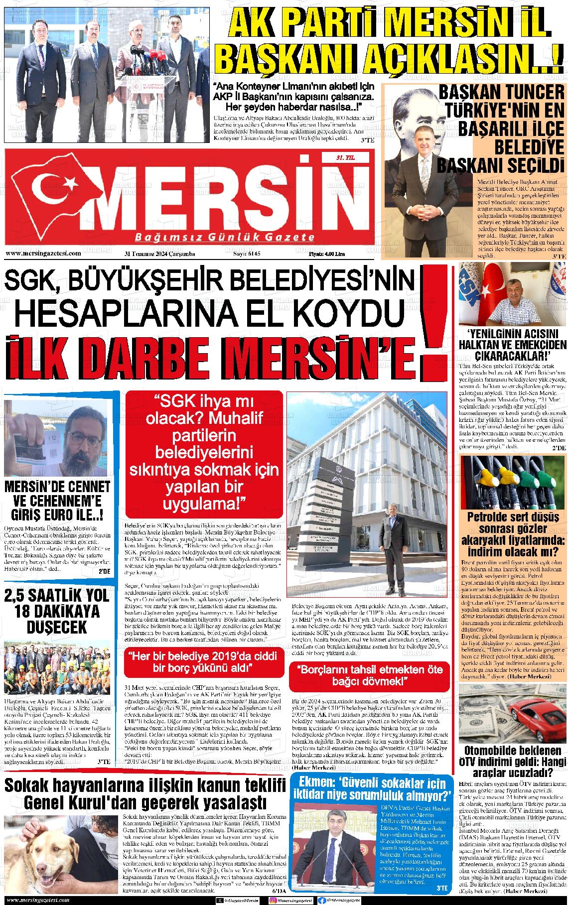 31 Temmuz 2024 Mersin Gazete Manşeti