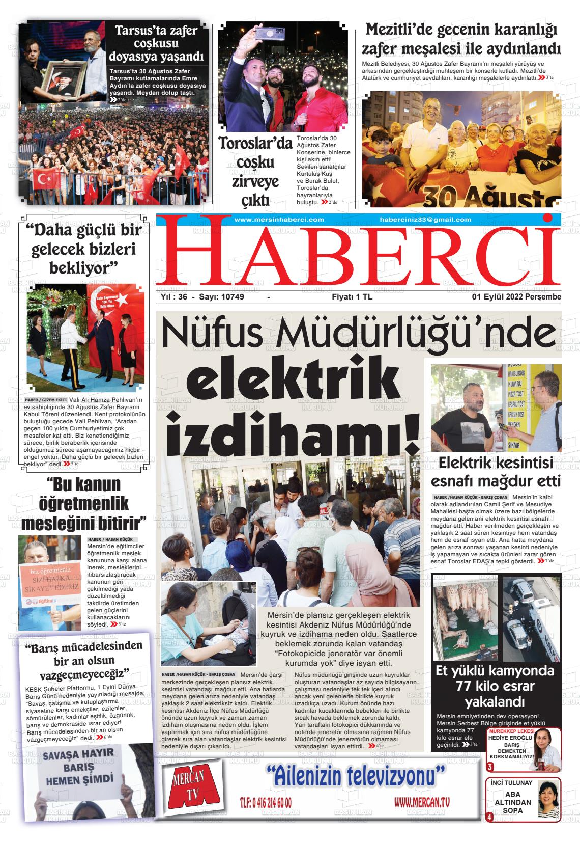 01 Eylül 2022 Mersin Haberci Gazete Manşeti