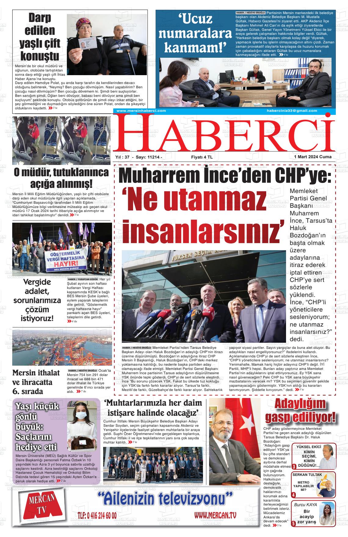 01 Mart 2024 Mersin Haberci Gazete Manşeti