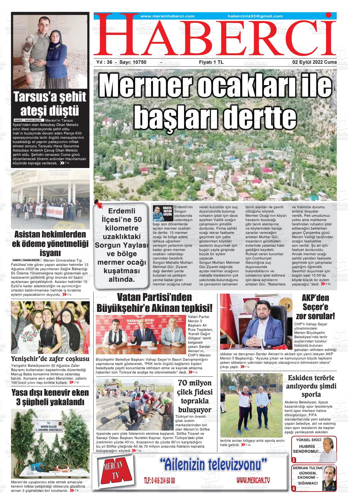 02 Eylül 2022 Mersin Haberci Gazete Manşeti