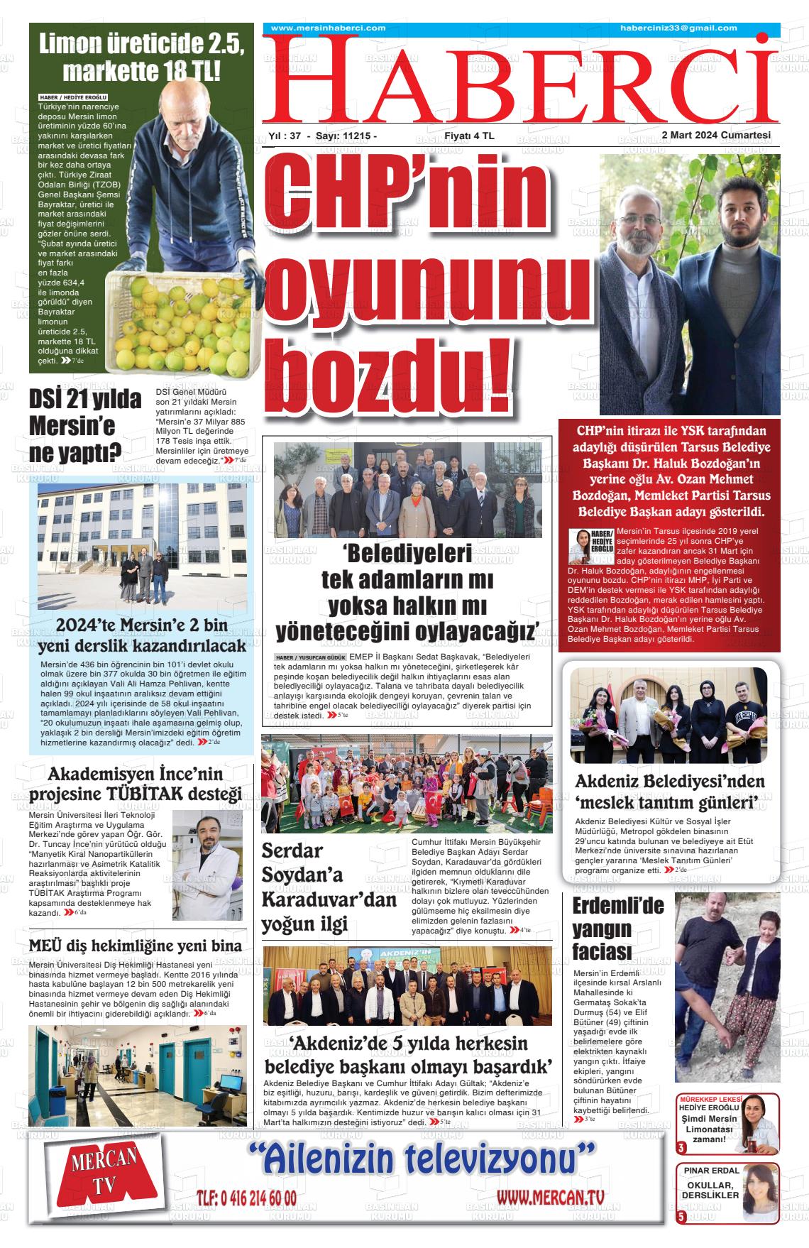 02 Mart 2024 Mersin Haberci Gazete Manşeti