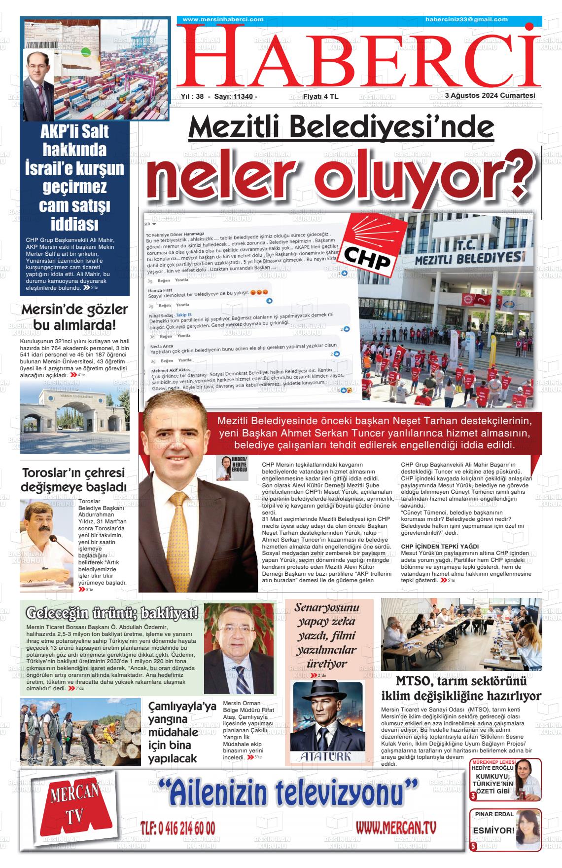 03 Ağustos 2024 Mersin Haberci Gazete Manşeti