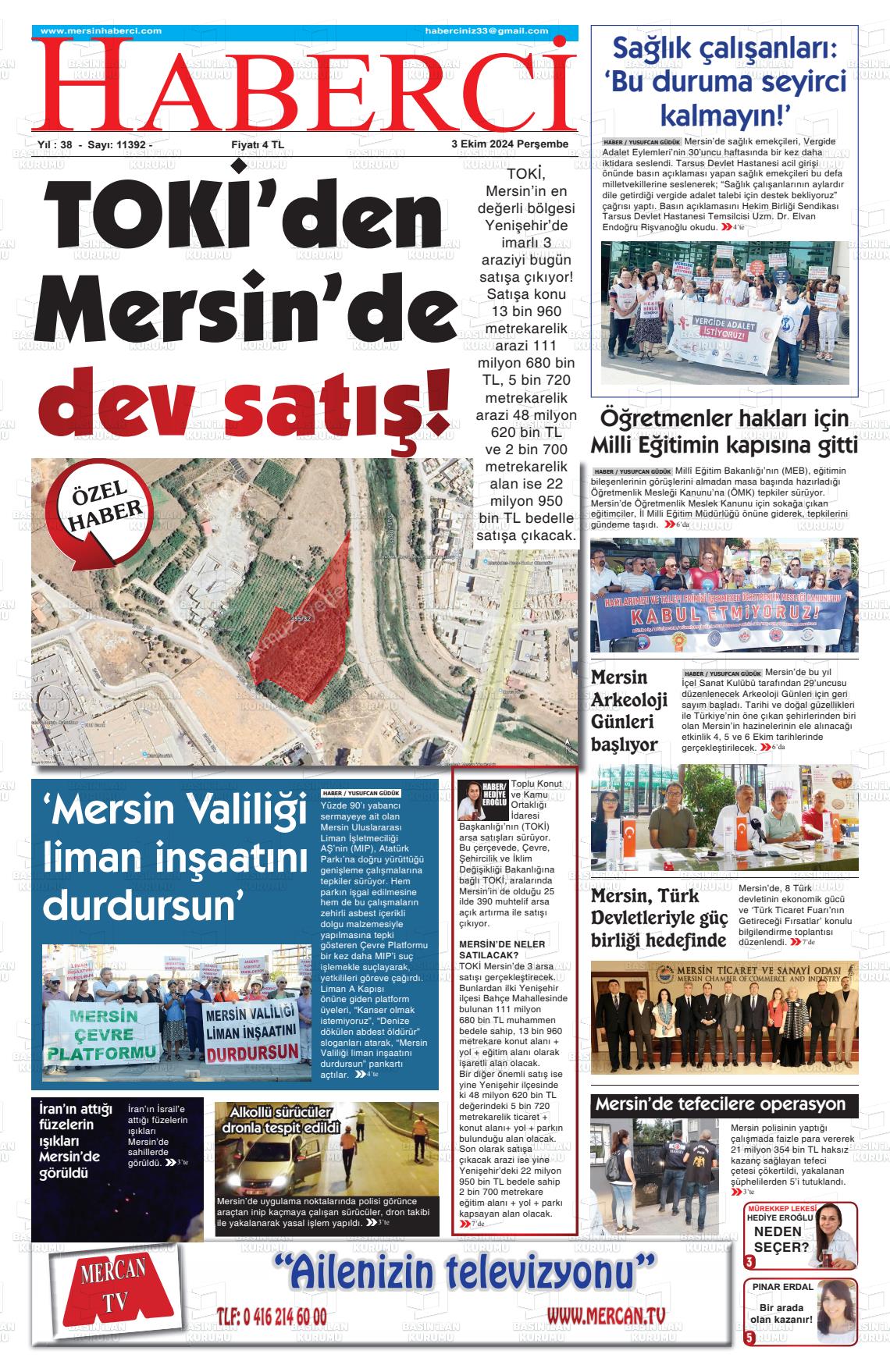 03 Ekim 2024 Mersin Haberci Gazete Manşeti