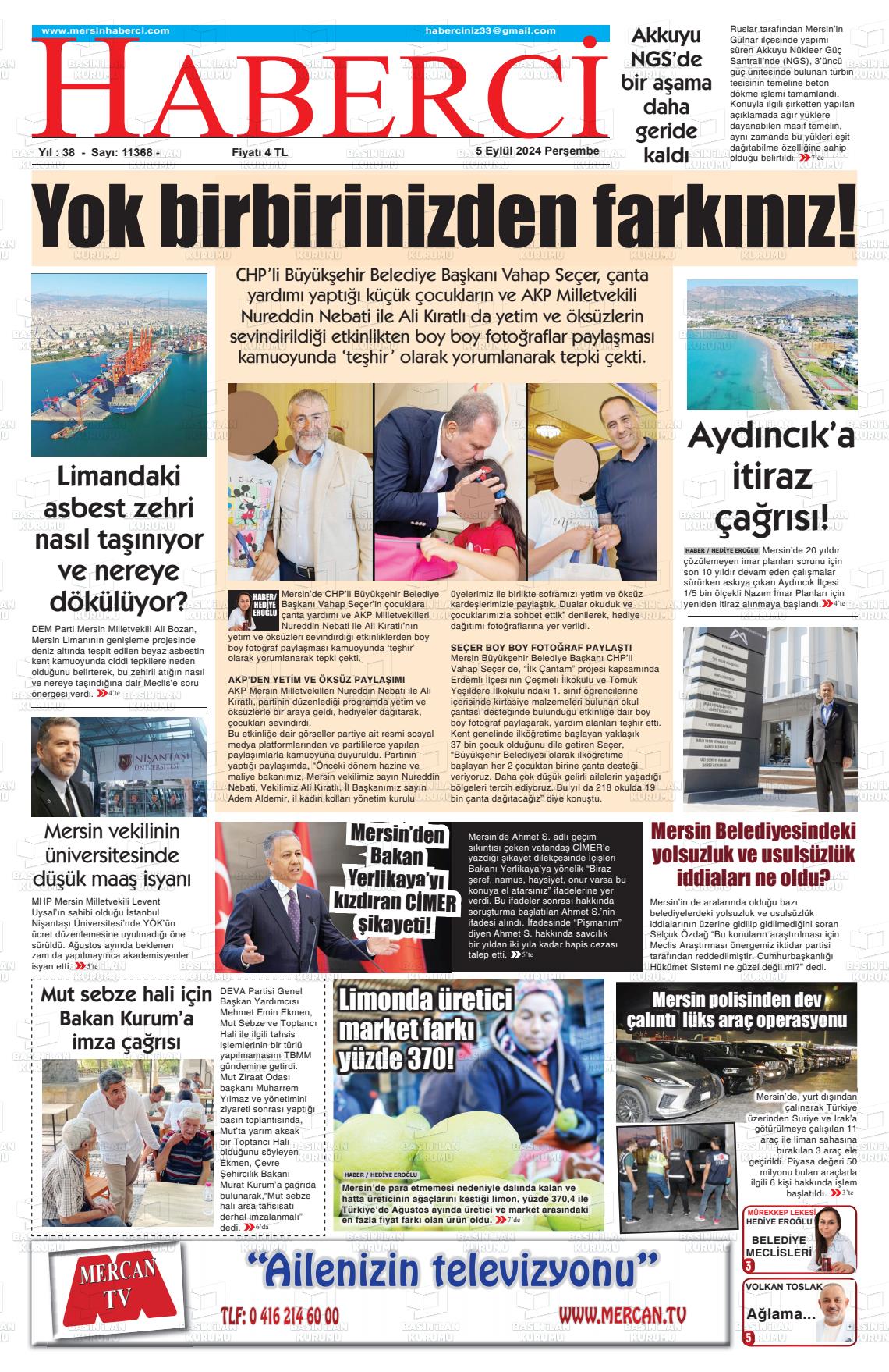 05 Eylül 2024 Mersin Haberci Gazete Manşeti