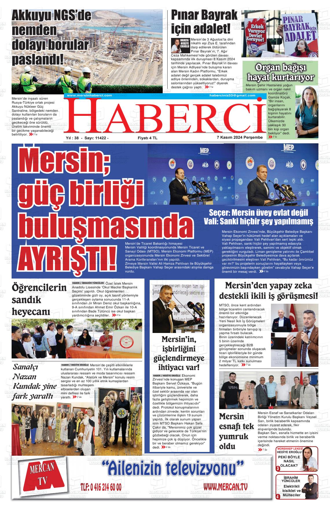 07 Kasım 2024 Mersin Haberci Gazete Manşeti