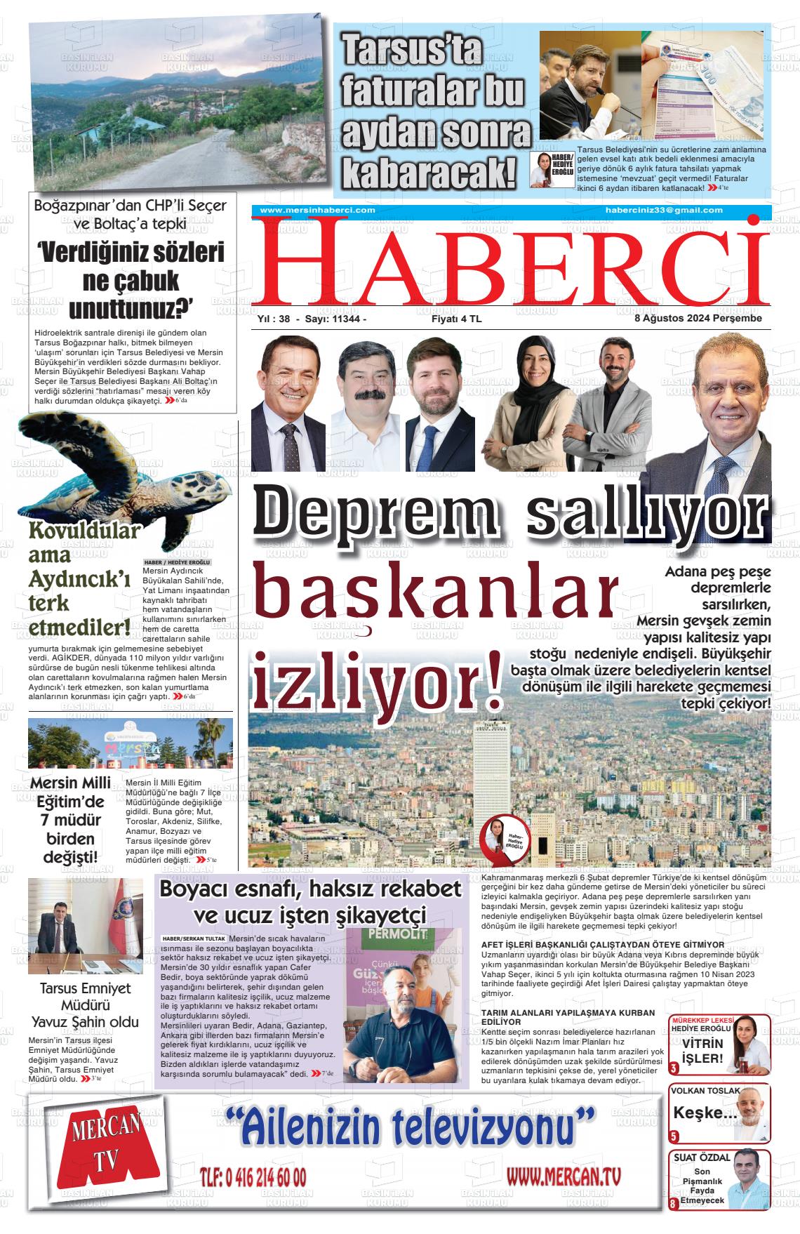 08 Ağustos 2024 Mersin Haberci Gazete Manşeti