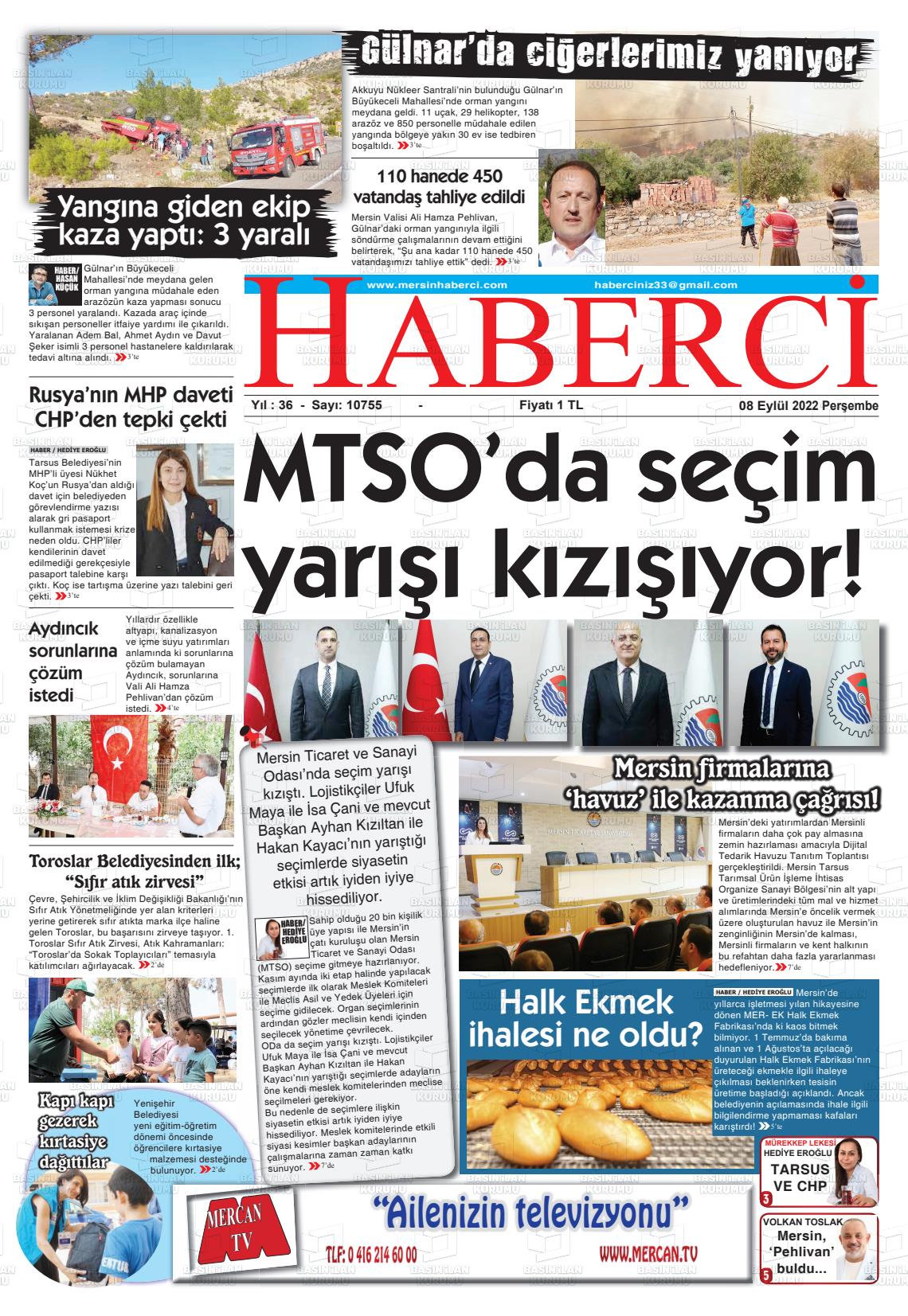 08 Eylül 2022 Mersin Haberci Gazete Manşeti