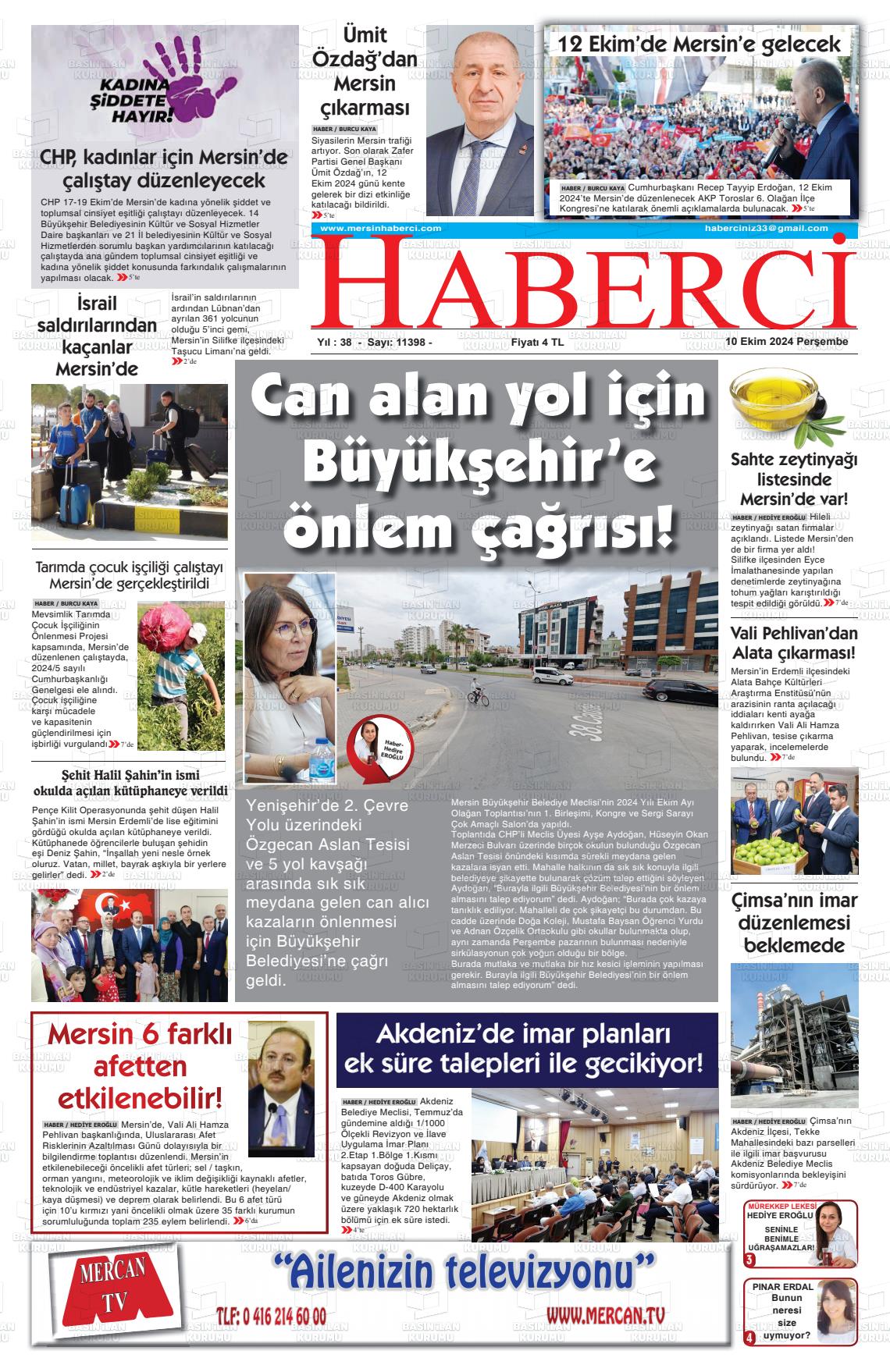 10 Ekim 2024 Mersin Haberci Gazete Manşeti