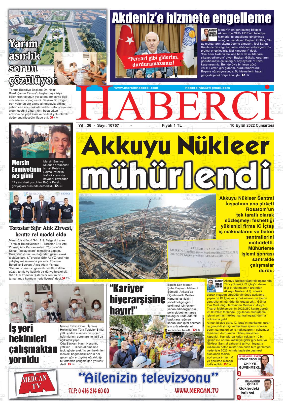 10 Eylül 2022 Mersin Haberci Gazete Manşeti