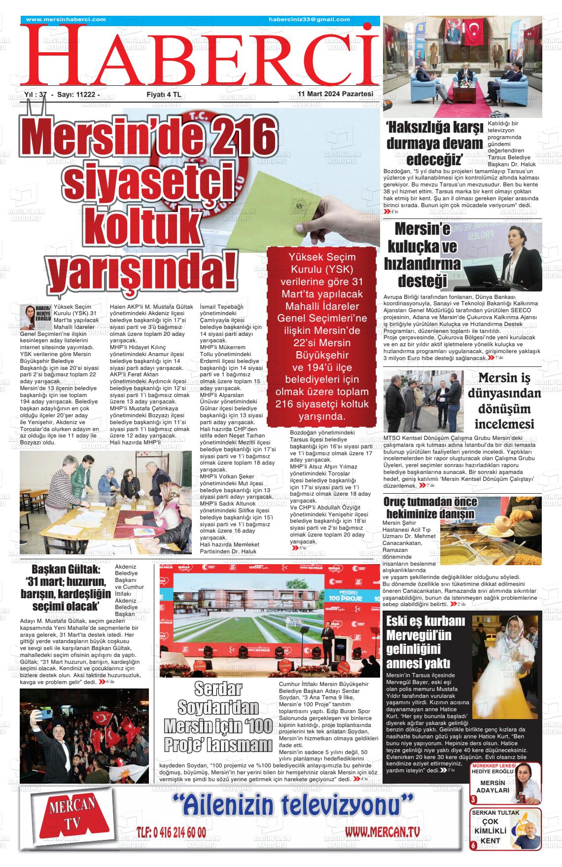 11 Mart 2024 Mersin Haberci Gazete Manşeti