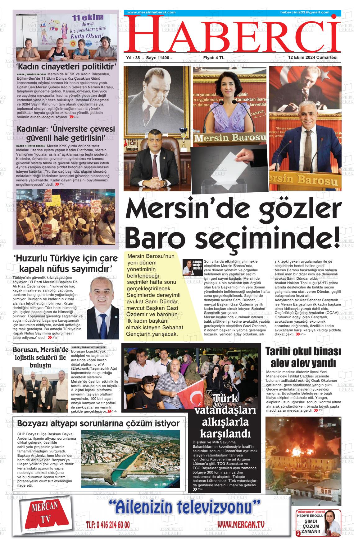 12 Ekim 2024 Mersin Haberci Gazete Manşeti