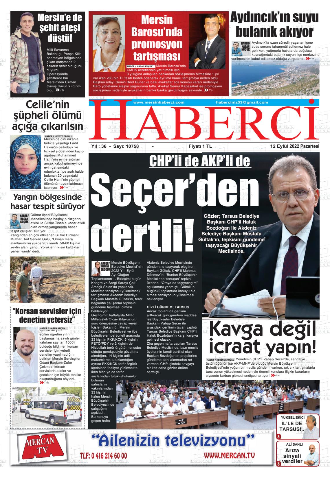 10 Kasım 2022 Mersin Haberci Gazete Manşeti