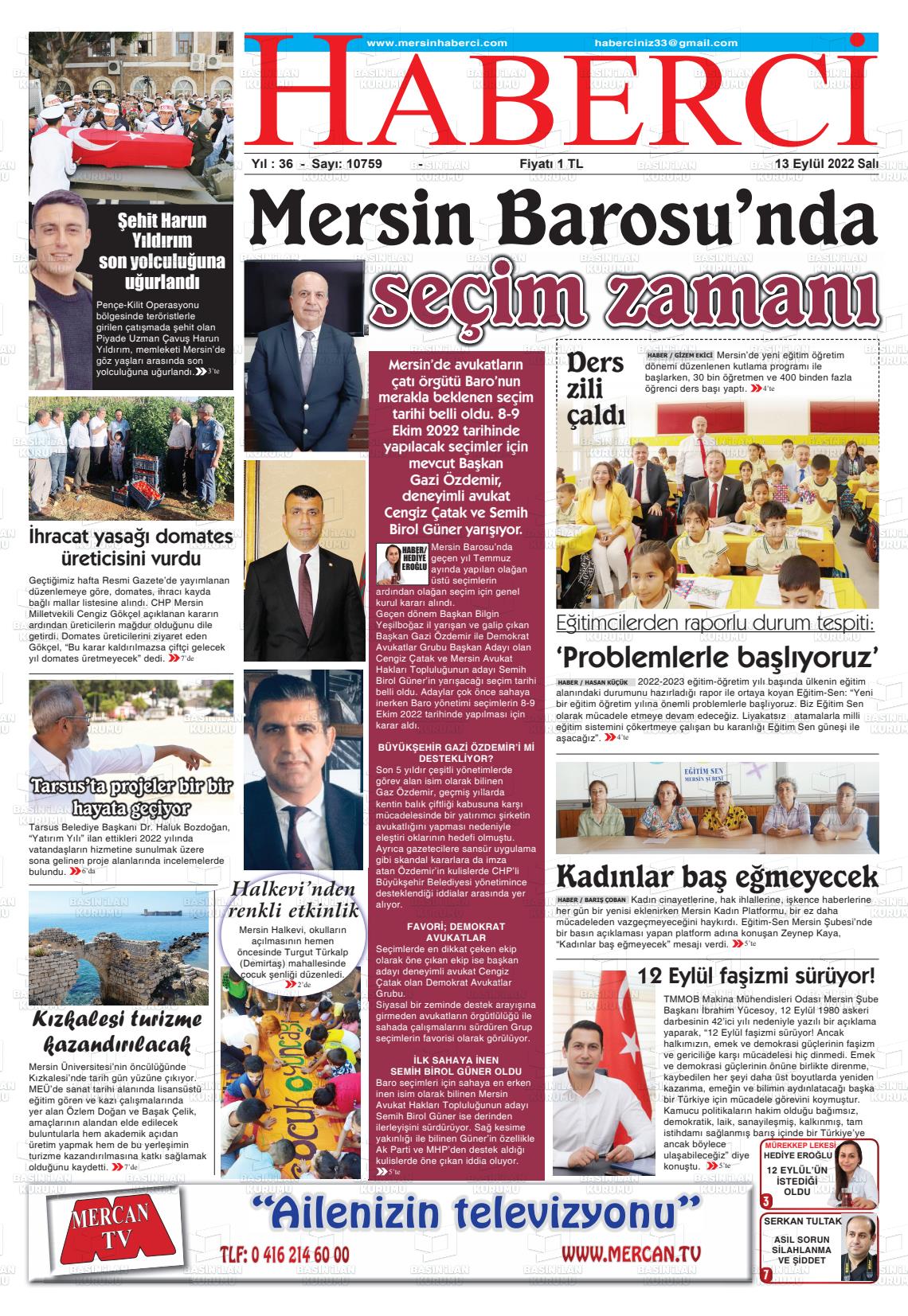 13 Eylül 2022 Mersin Haberci Gazete Manşeti