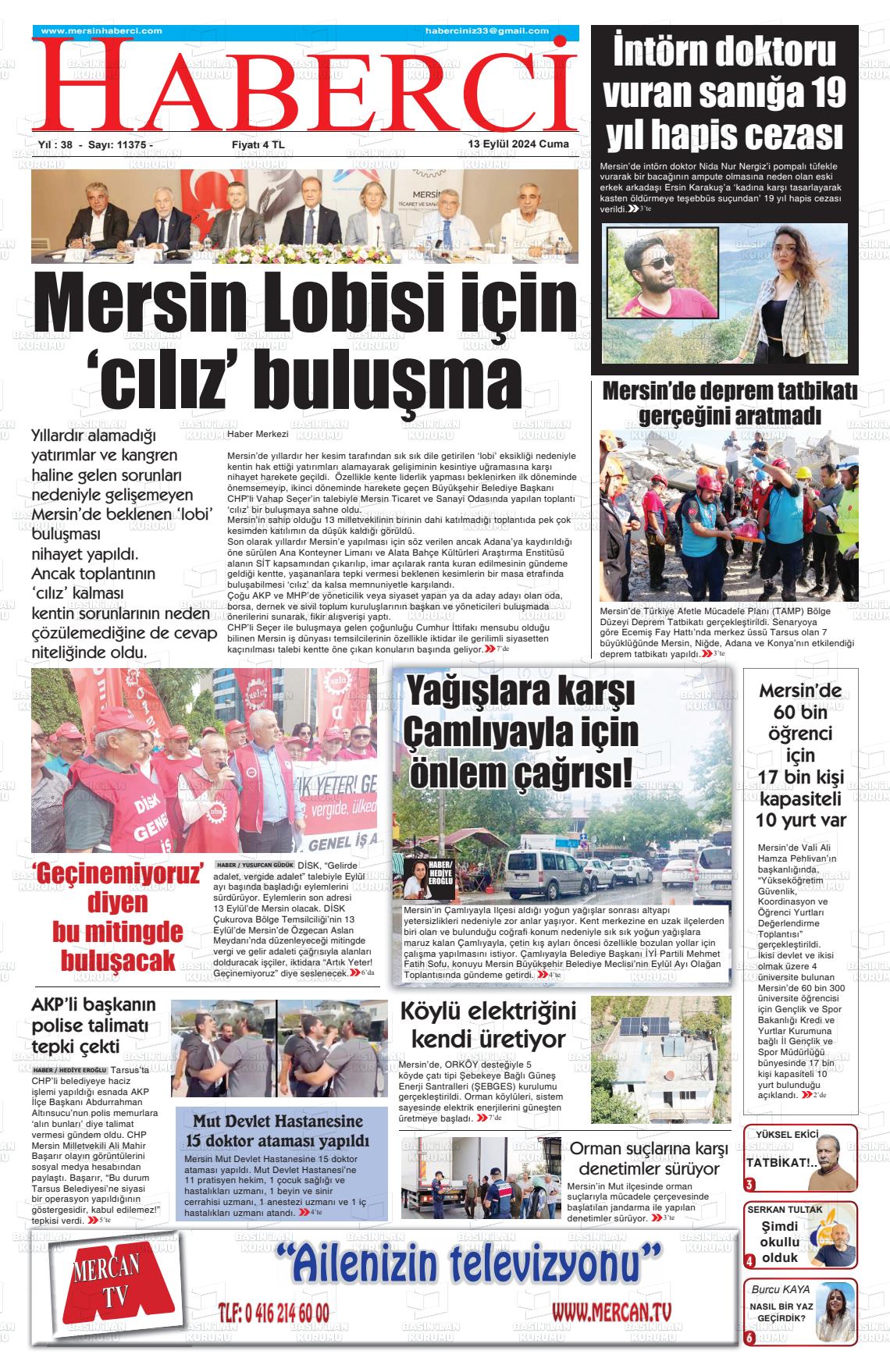 13 Eylül 2024 Mersin Haberci Gazete Manşeti