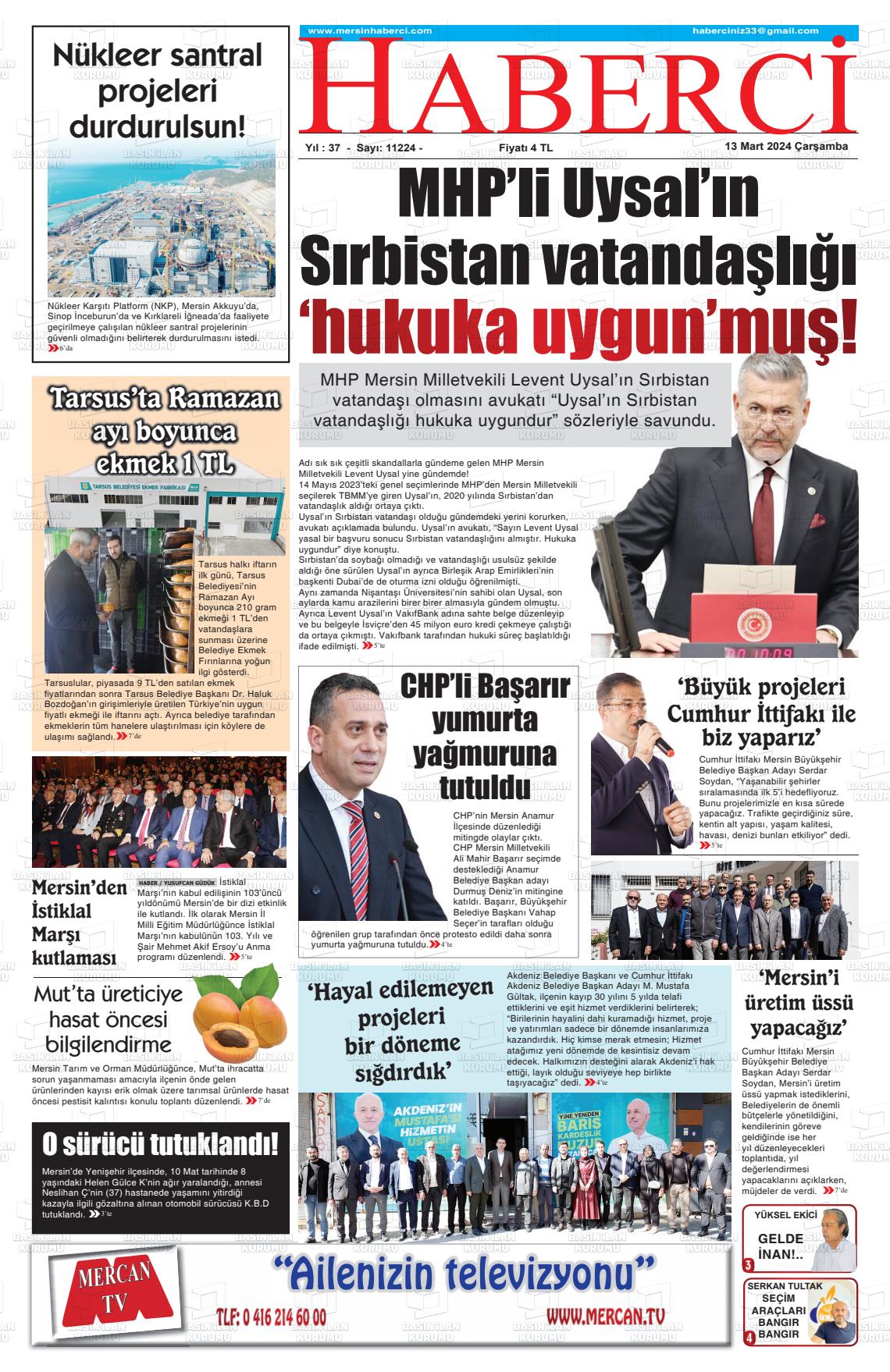 13 Mart 2024 Mersin Haberci Gazete Manşeti