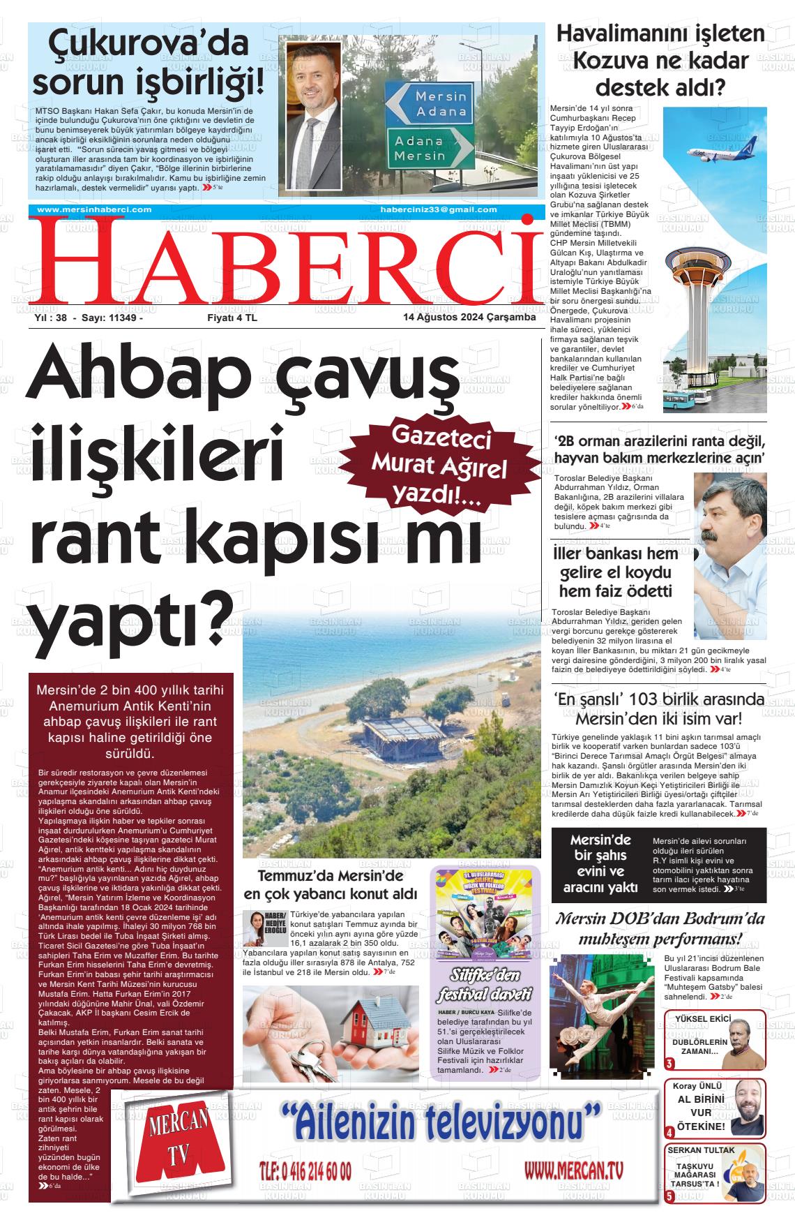 14 Ağustos 2024 Mersin Haberci Gazete Manşeti