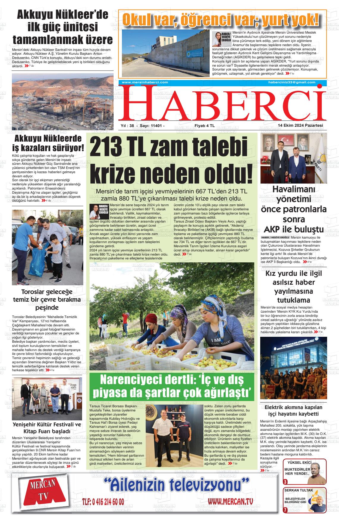 14 Ekim 2024 Mersin Haberci Gazete Manşeti